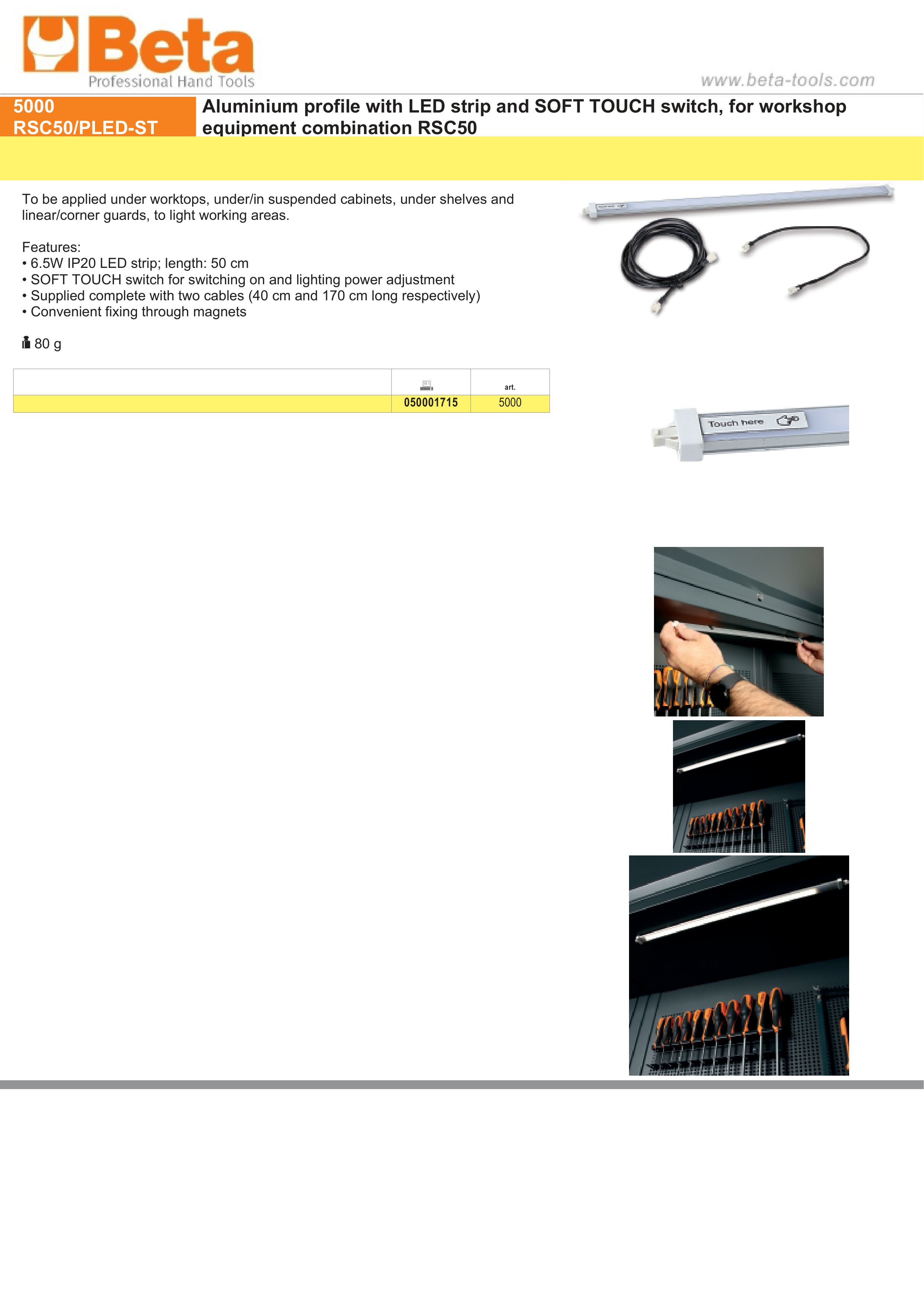 Aluminium Profile with LED Strip and Soft Touch Switch for RSC50, 50cm Length, 6.5W IP20, Includes 2 Cables, Magnetic Fixing - BetaRSC50 5000 RSC50/PLED-ST