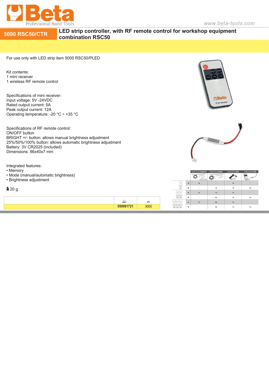 LED Strip Controller with RF Remote for RSC50, Includes Mini Receiver, 5V-24VDC Input, 5A Output, Remote with Brightness Adjustment, 86x40x7mm - BetaRSC50 5000 RSC50/CTR