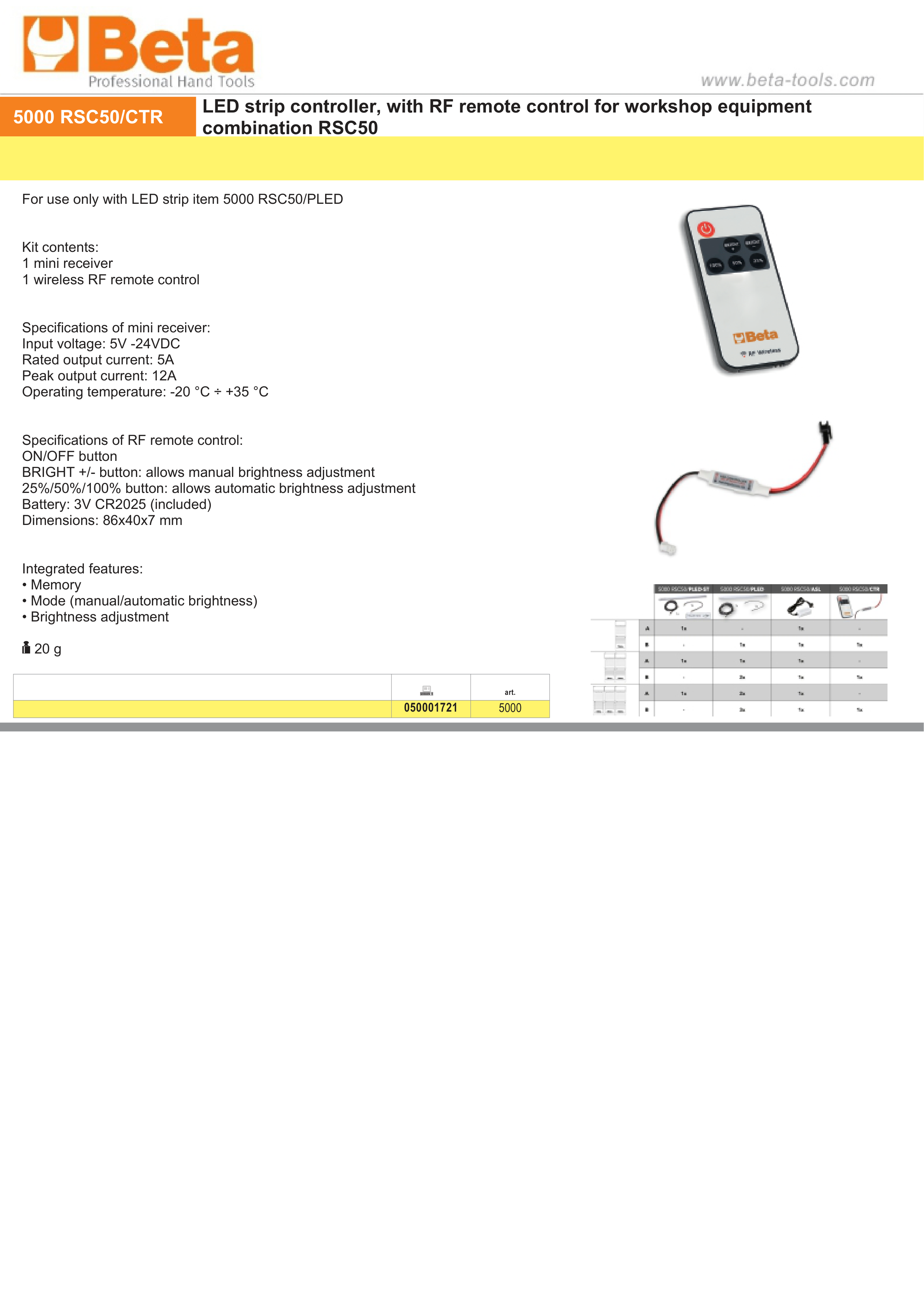 LED Strip Controller with RF Remote for RSC50, Includes Mini Receiver, 5V-24VDC Input, 5A Output, Remote with Brightness Adjustment, 86x40x7mm - BetaRSC50 5000 RSC50/CTR