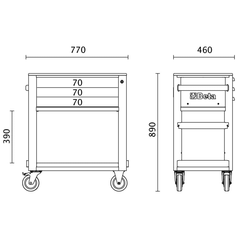 Service Tool Trolley with 3 Drawers, ABS Worktop, 4 Castors 125mm, 400kg Load Capacity - Beta Tools RSC51-A