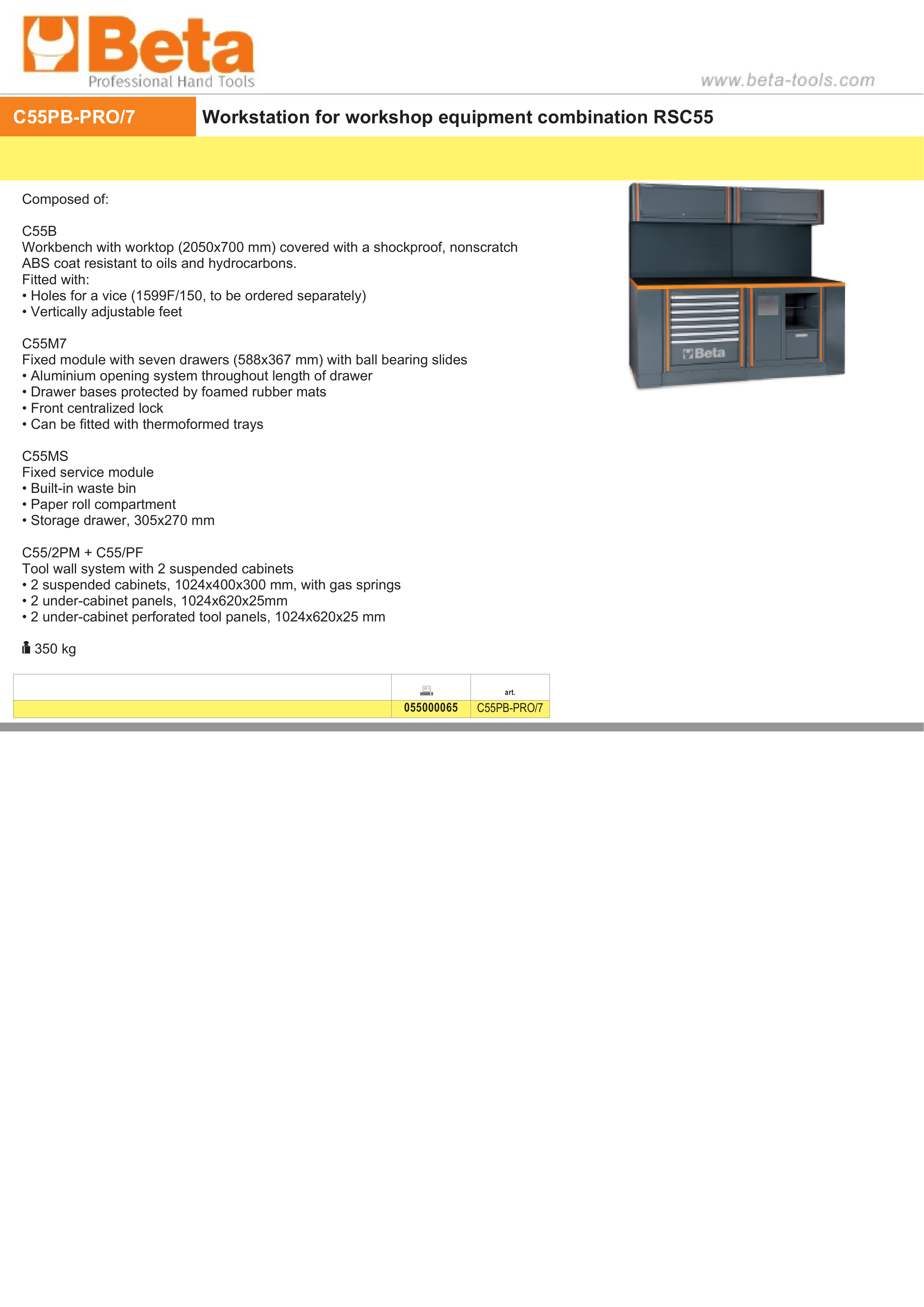 Workshop Workstation with Workbench, 7-Drawer Module, Service Module, Tool Wall System, 2 Suspended Cabinets, 2050x700mm Worktop - BetaRSC55 C55PB-PRO/7
