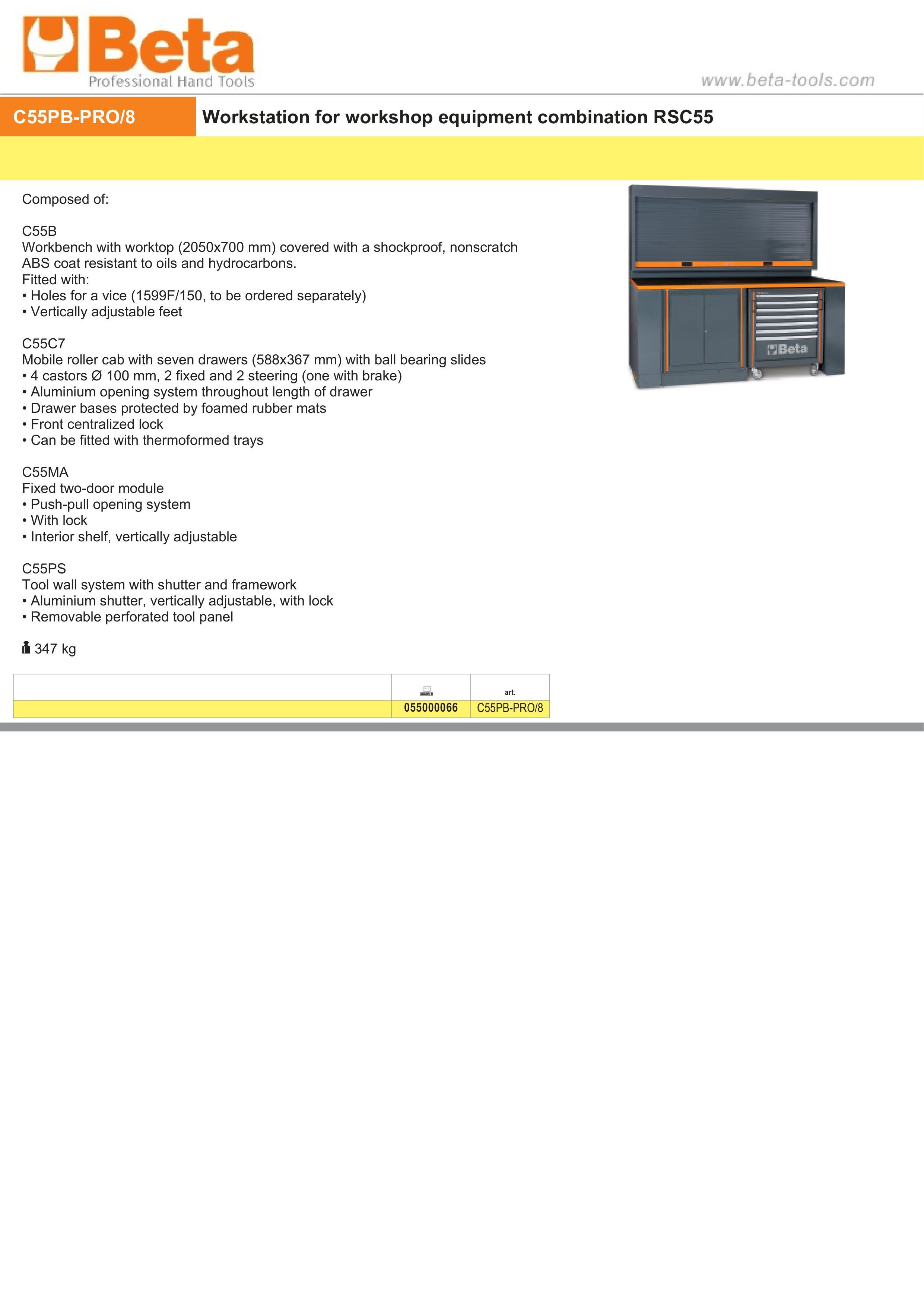 Workshop Workstation with Workbench, 7-Drawer Mobile Roller Cab, Two-Door Module, Tool Wall System with Shutter, 2050x700mm Worktop - BetaRSC55 C55PB-PRO/8