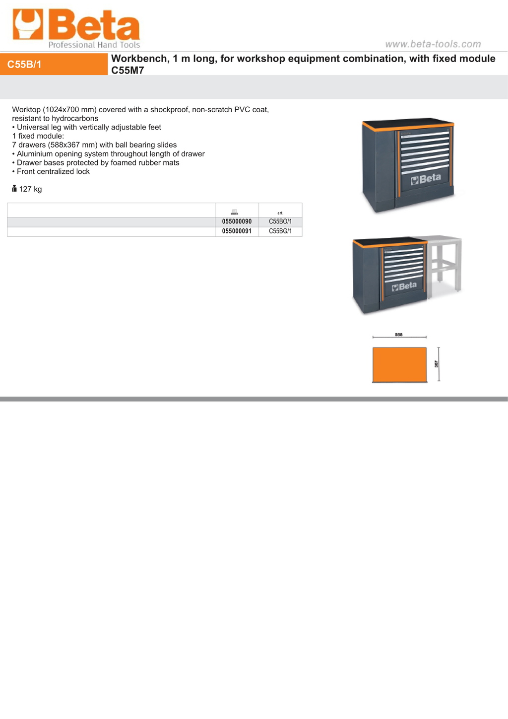 Workbench 1m with 7-Drawer Fixed Module, Shockproof PVC Worktop, Adjustable Feet, 1024x700mm - BetaRSC55 C55BO/1