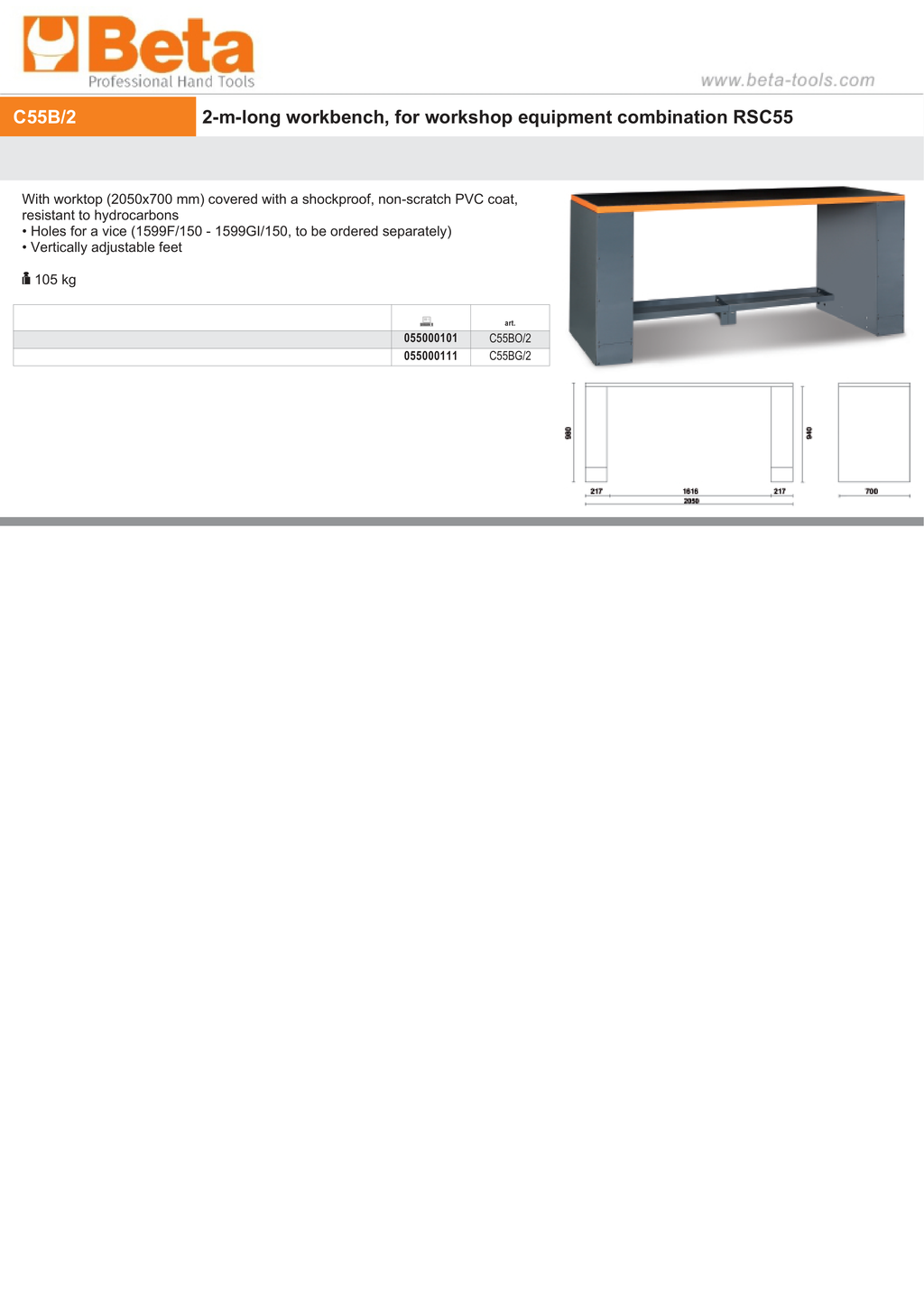 2m Workbench with Shockproof PVC Worktop, Adjustable Feet, 2050x700mm - BetaRSC55 C55BO/2