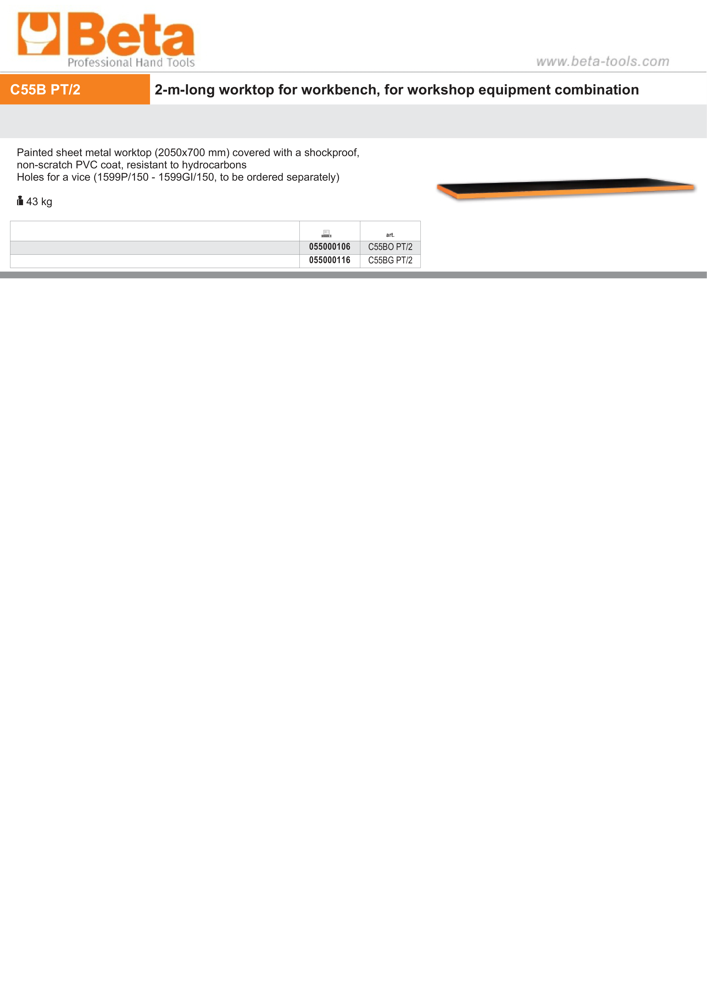 2m Worktop with Shockproof PVC Coating, 2050x700mm, for Workbench - BetaRSC55 C55BG PT/2