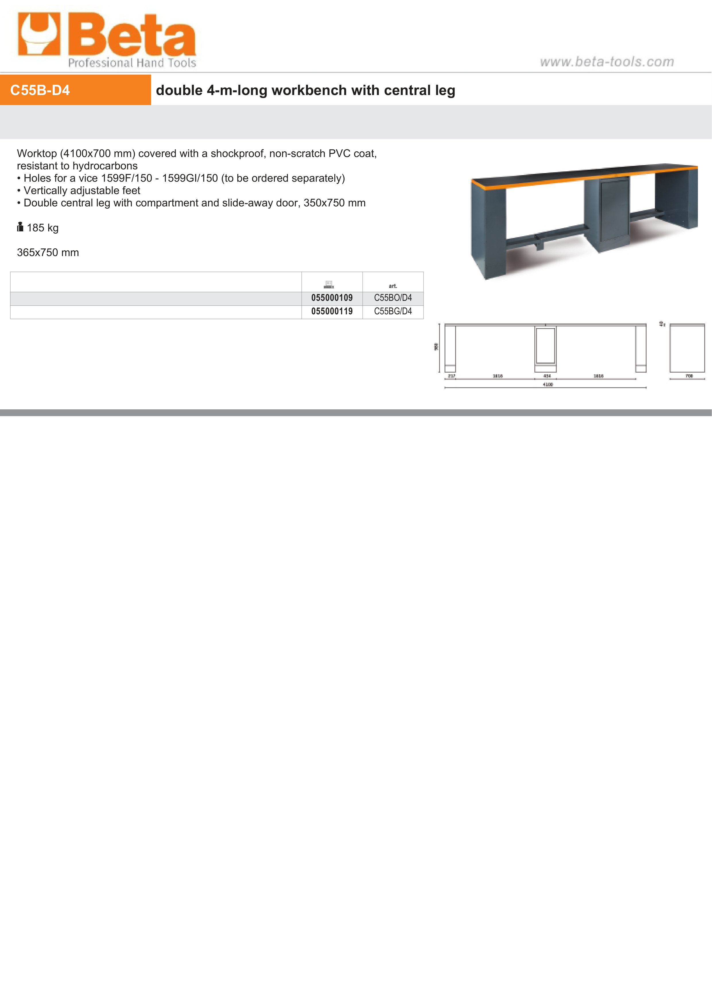 Double 4m Workbench with Central Leg, Shockproof PVC Worktop, Adjustable Feet, 4100x700mm - BetaRSC55 C55BG/D4