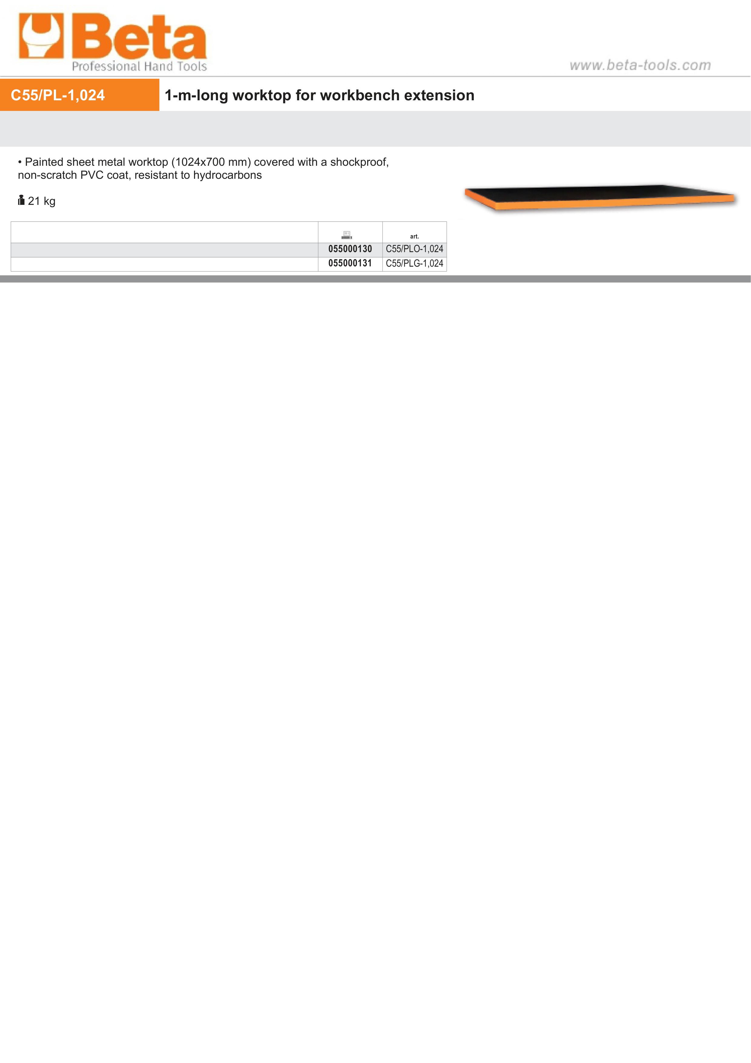 1m Worktop Extension with Shockproof PVC Coating, 1024x700mm - BetaRSC55 C55/PLG-1,024