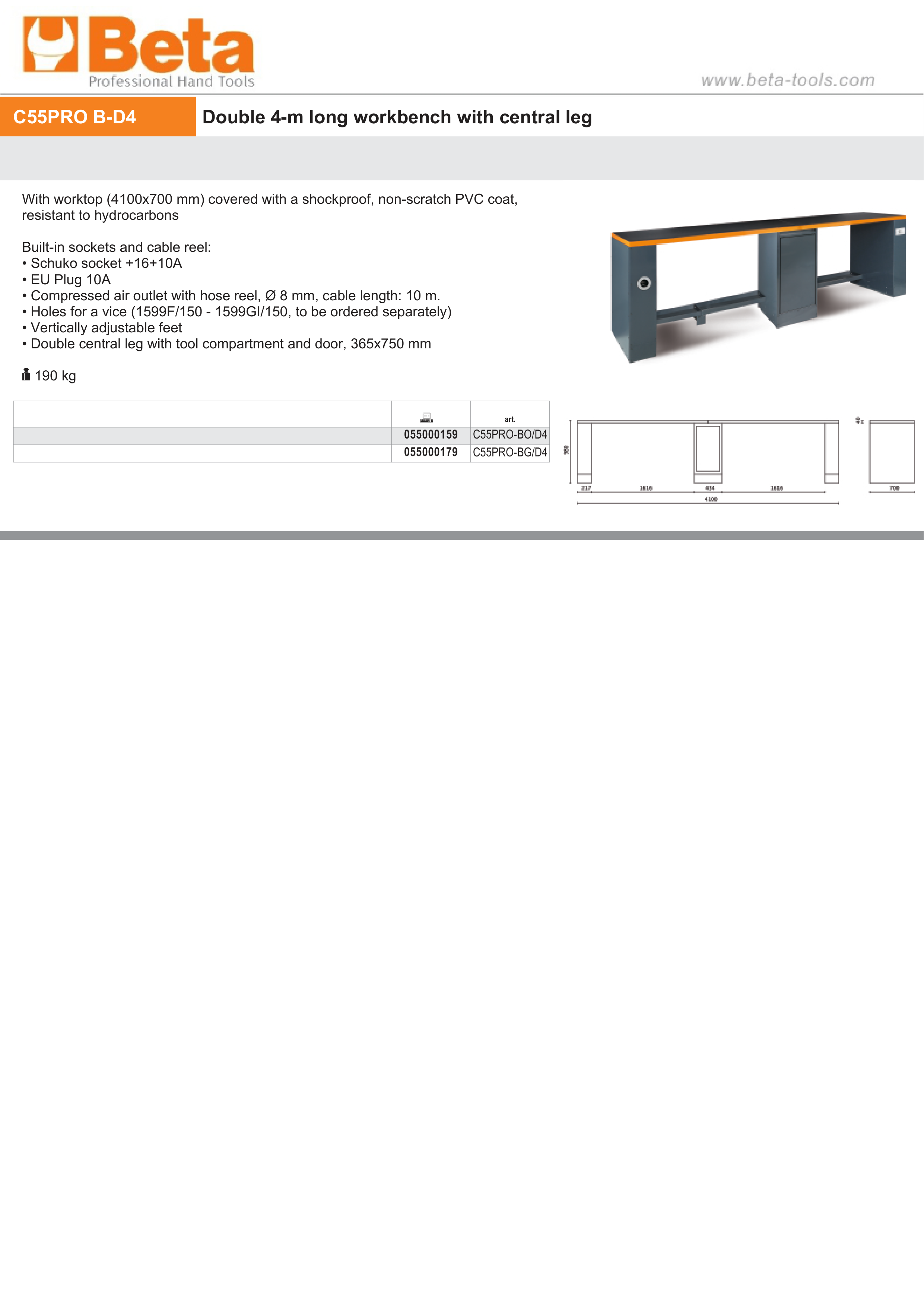 Double 4m Workbench with Central Leg, Shockproof PVC Worktop, Built-In Sockets, Hose Reel, Adjustable Feet, 4100x700mm - BetaRSC55 C55PRO-BO/D4