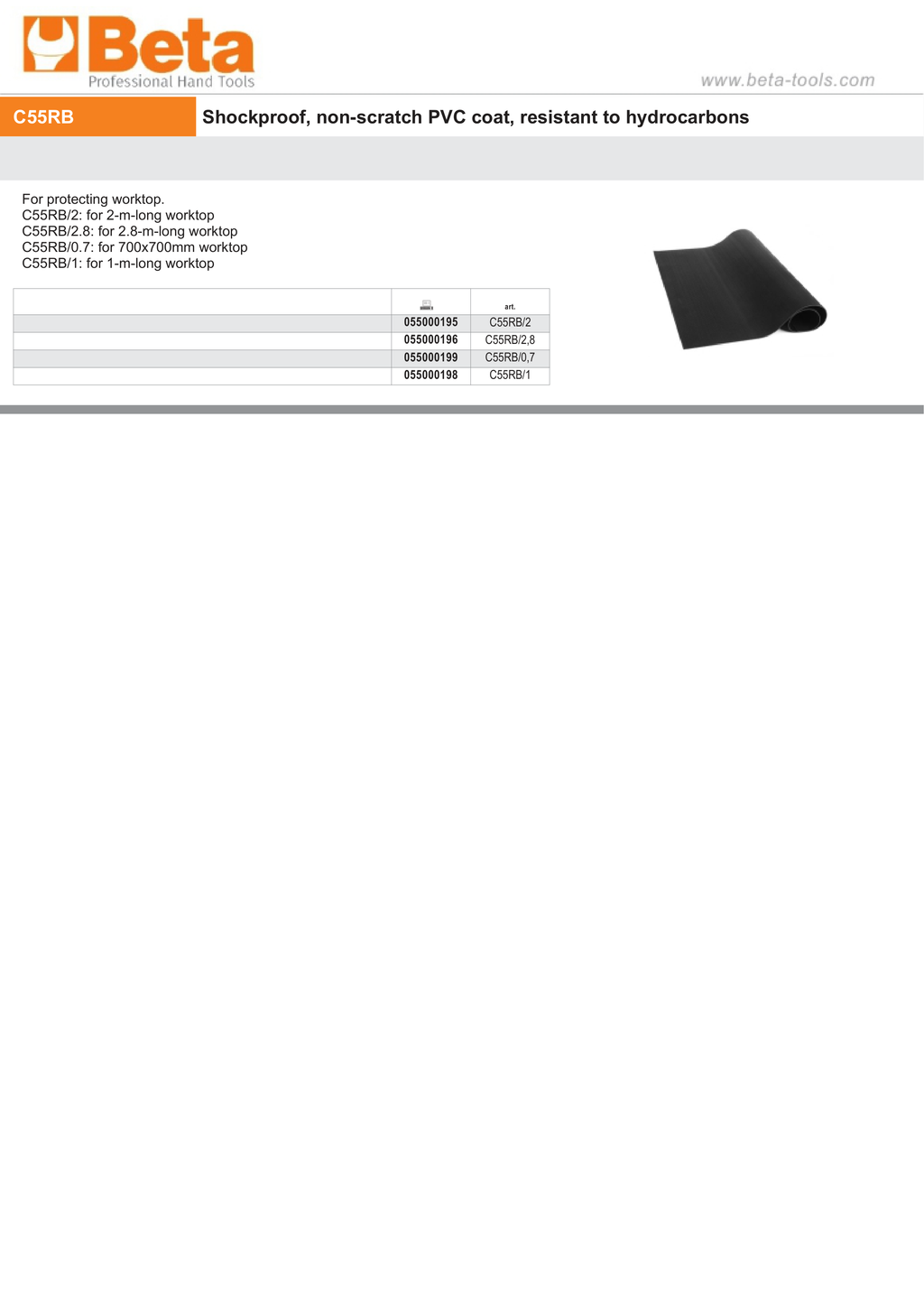 Shockproof Non-Scratch PVC Coating for Worktops, Fits 1m, 2m, 2.8m, 700x700mm - BetaRSC55 C55RB/2,8