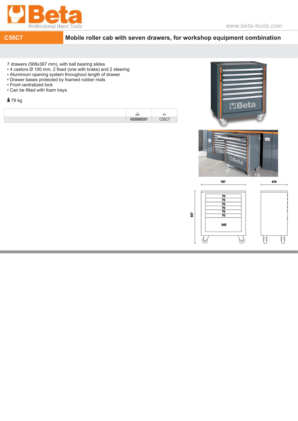 Mobile Roller Cabinet with 7 Drawers, Ball Bearing Slides, Central Lock, 588x367mm Drawers, 100mm Castors - BetaRSC55 C55C7
