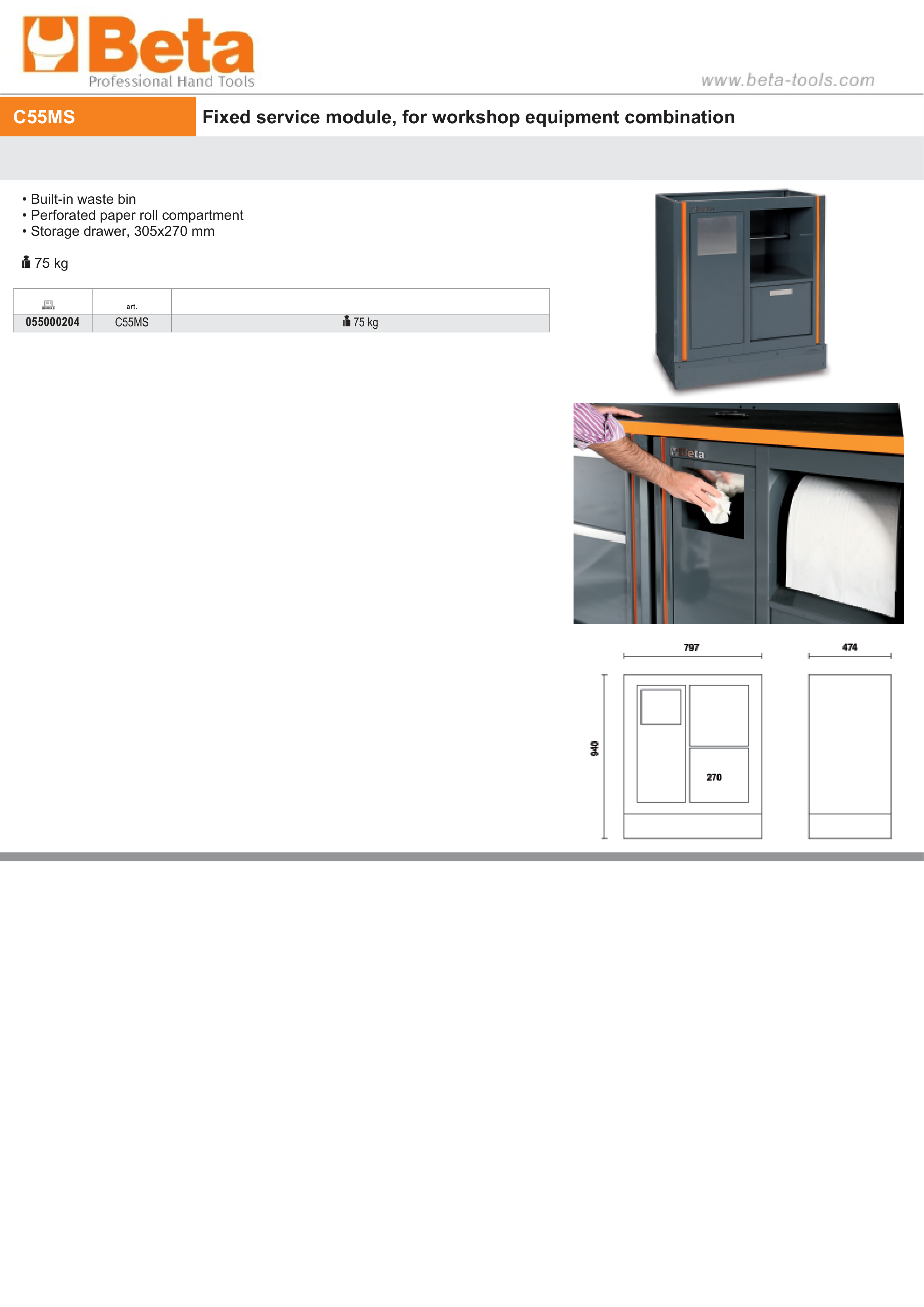 Fixed Service Module with Waste Bin, Paper Roll Compartment, 305x270mm Storage Drawer - BetaRSC55 C55MS