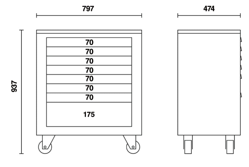 Roller Cabinet Module with 8 Drawers, Ball Bearing Slides, Central Lock, 588x367mm Drawers, 100mm Castors - BetaRSC55 C55C8