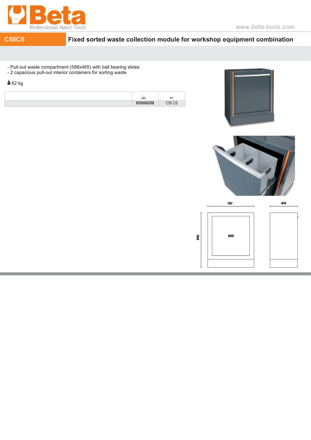 Fixed Sorted Waste Collection Module with Pull-Out Compartment, 588x465mm, Includes 2 Interior Containers - BetaRSC55 C55 CS