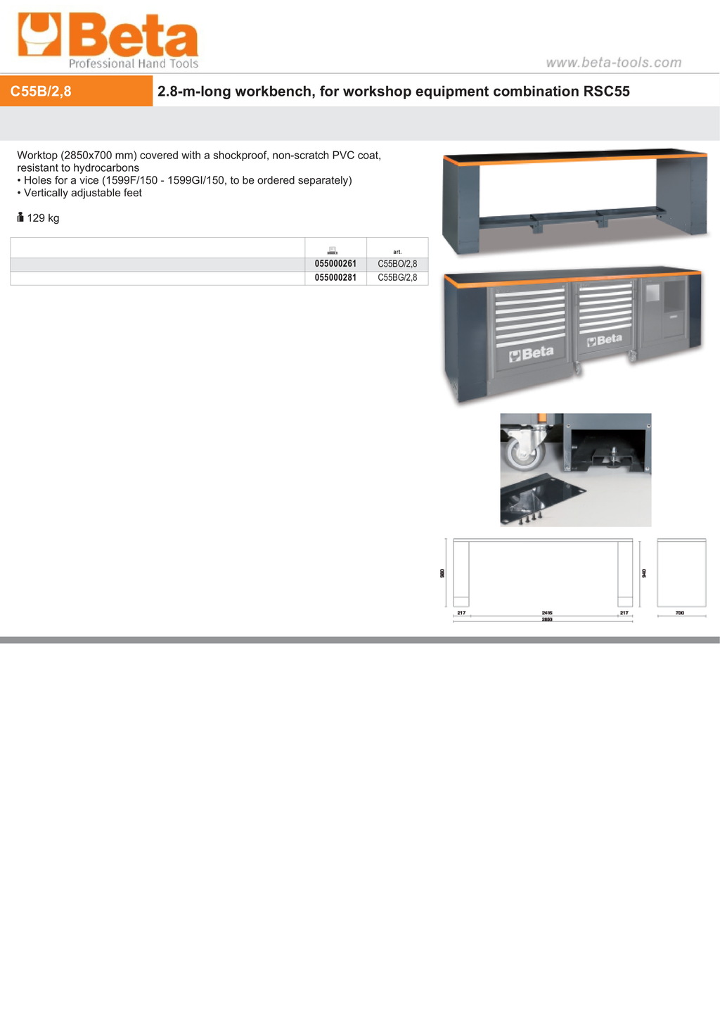 2.8m Workbench with Shockproof PVC Coated Worktop, Adjustable Feet, Vice Holes - BetaRSC55 C55BO/2,8