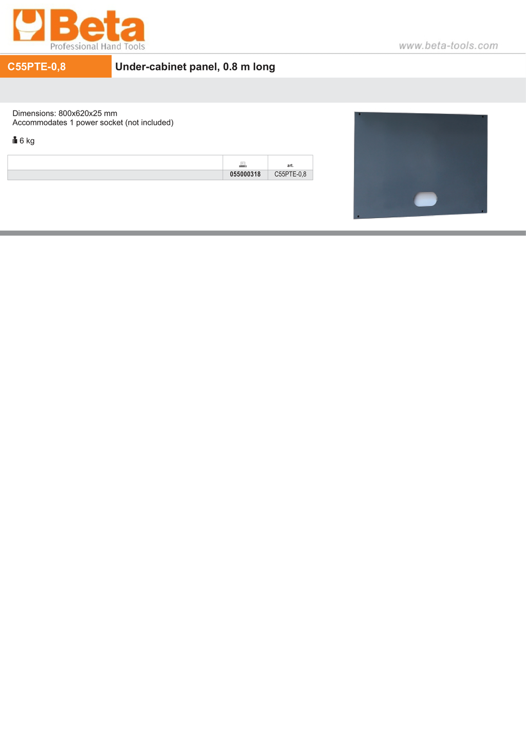 Under-Cabinet Panel, 800x620x25mm, Power Socket Compatible - BetaRSC55 C55PTE-0,8