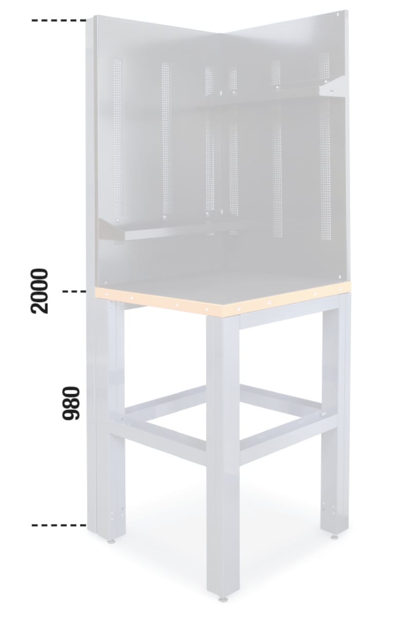 Self-Supporting Complete Corner Worktop, 700x700mm, with Tool Wall Systems and Fixing Shelves - BetaRSC55 C55AC-O