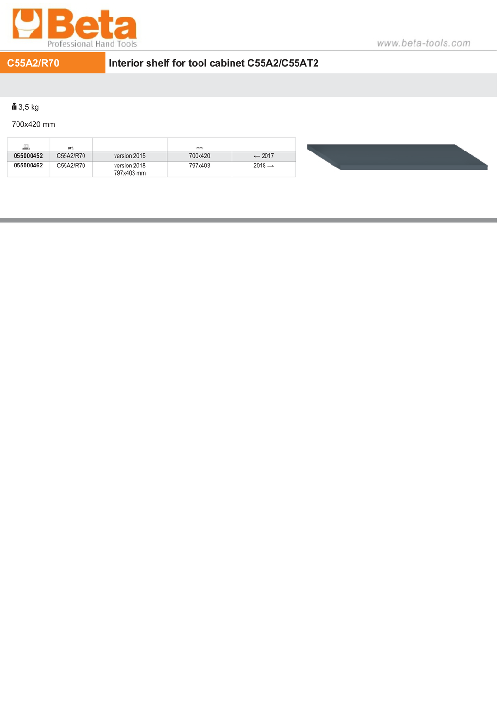 Interior Shelf for Tool Cabinet, 797x403mm - BetaRSC55 C55A2/R70
