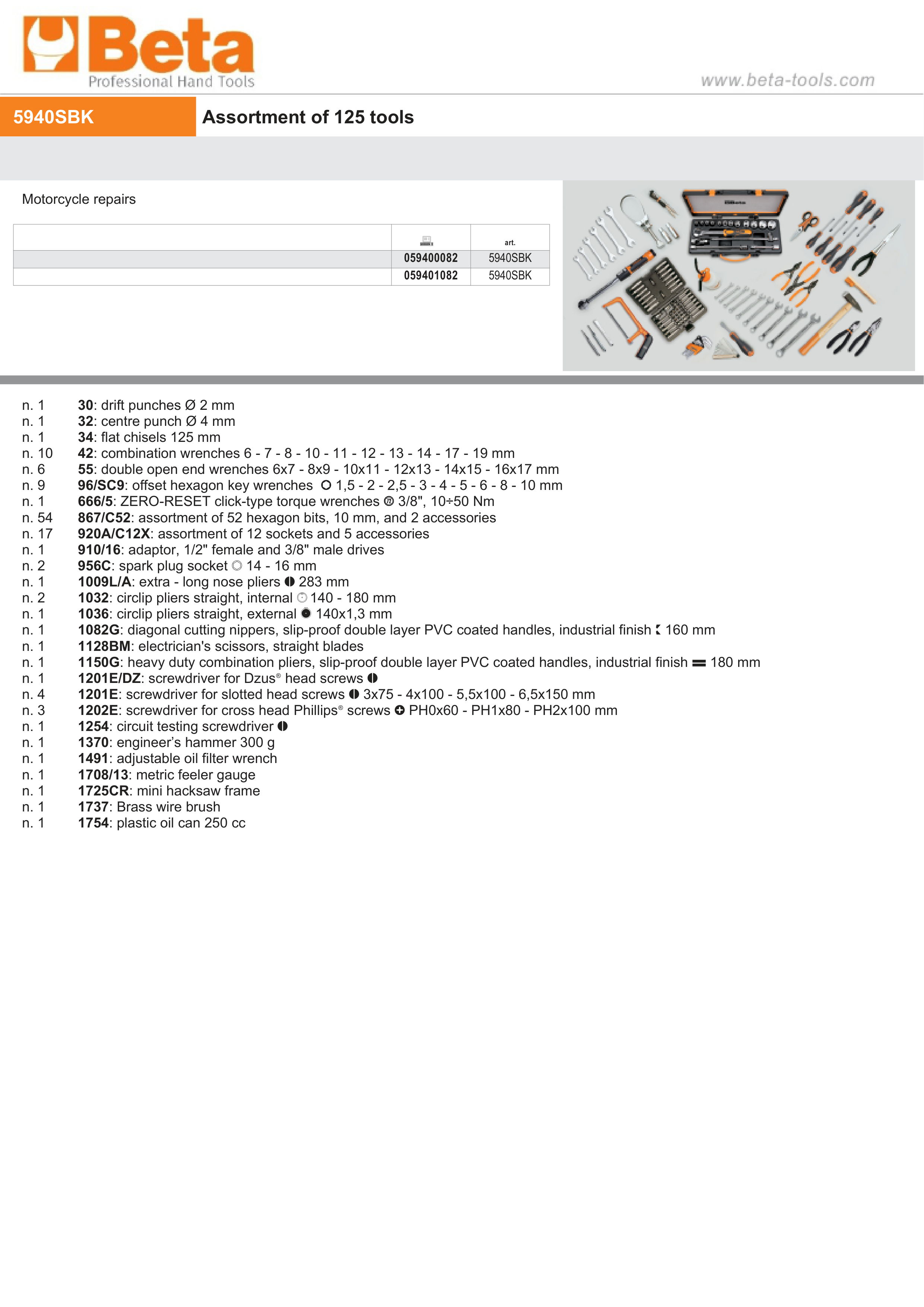 Assortment of 125 Tools for Motorcycle Repairs - Beta Tools 5940SBK