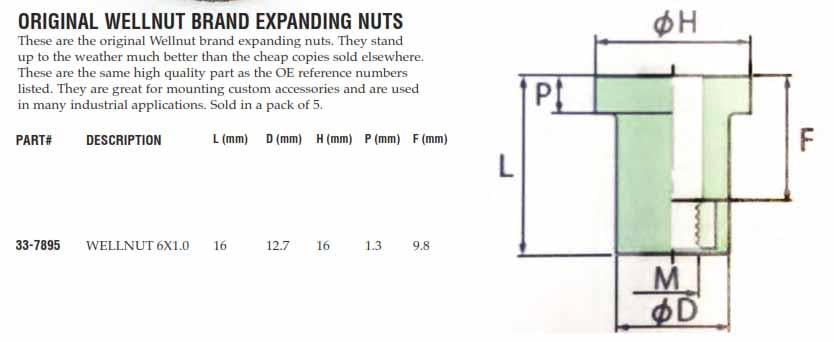 WELLNUT M6 C-630 TYPE (5PK), KAWASAKI, K&L 33-7895, TOOLS ROAD 92015-1394