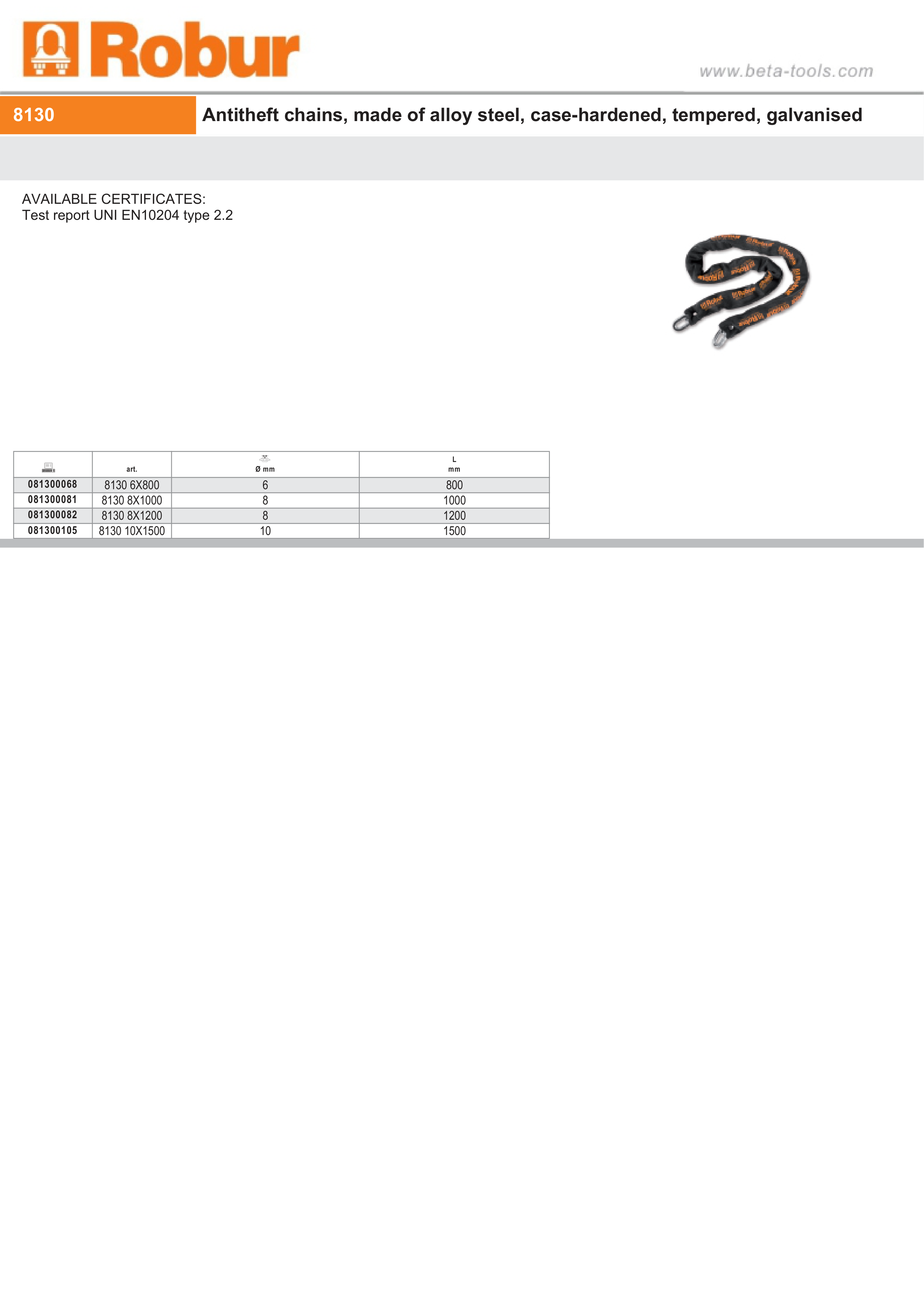 Antitheft Chains Alloy Steel Case-Hardened Tempered Galvanized 6mm - Robur 8130 6X800