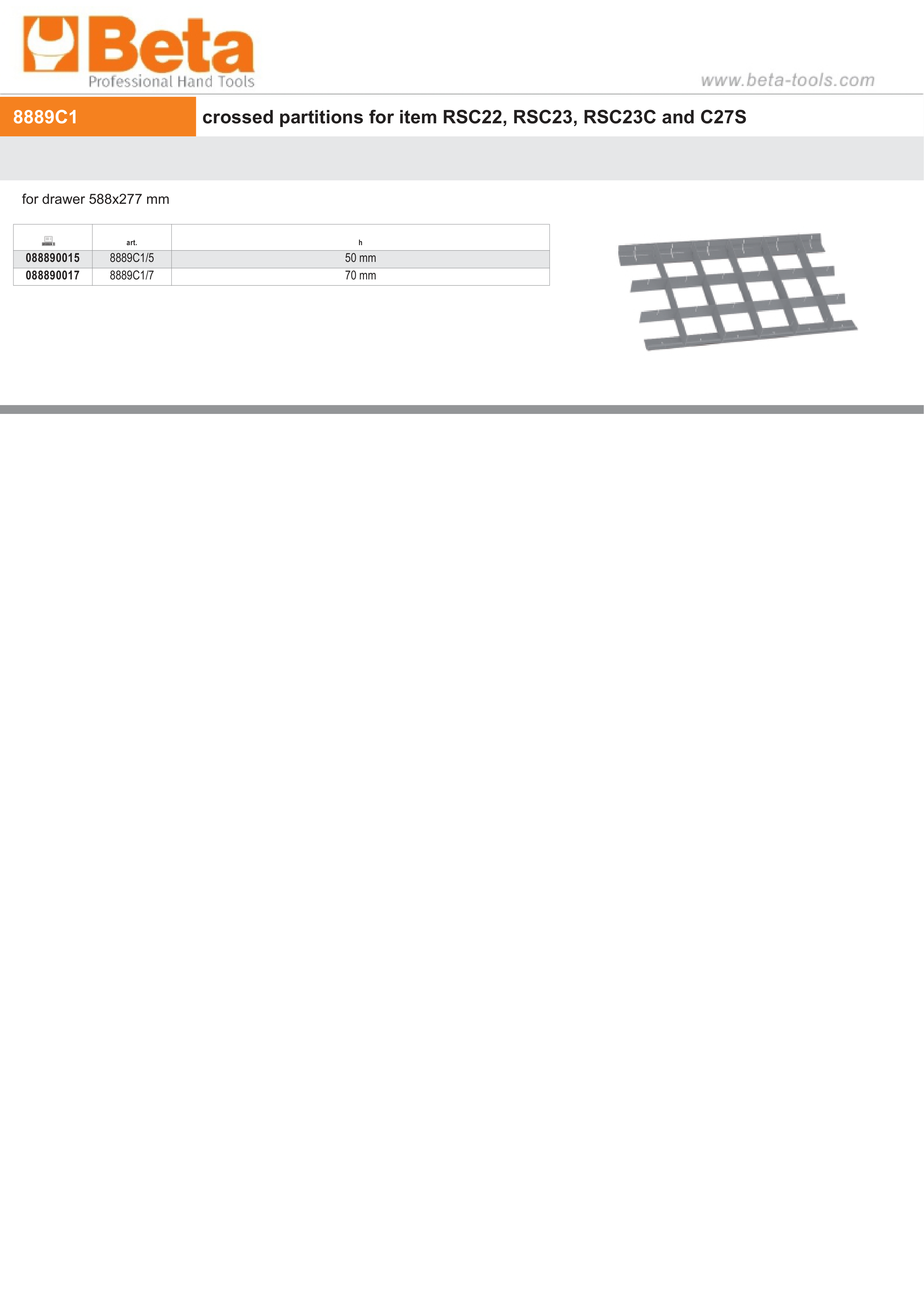 Crossed Partitions for RSC22, RSC23, RSC23C, C27S Drawers 588x277mm 70mm Height - Beta Tools 8889C1/7