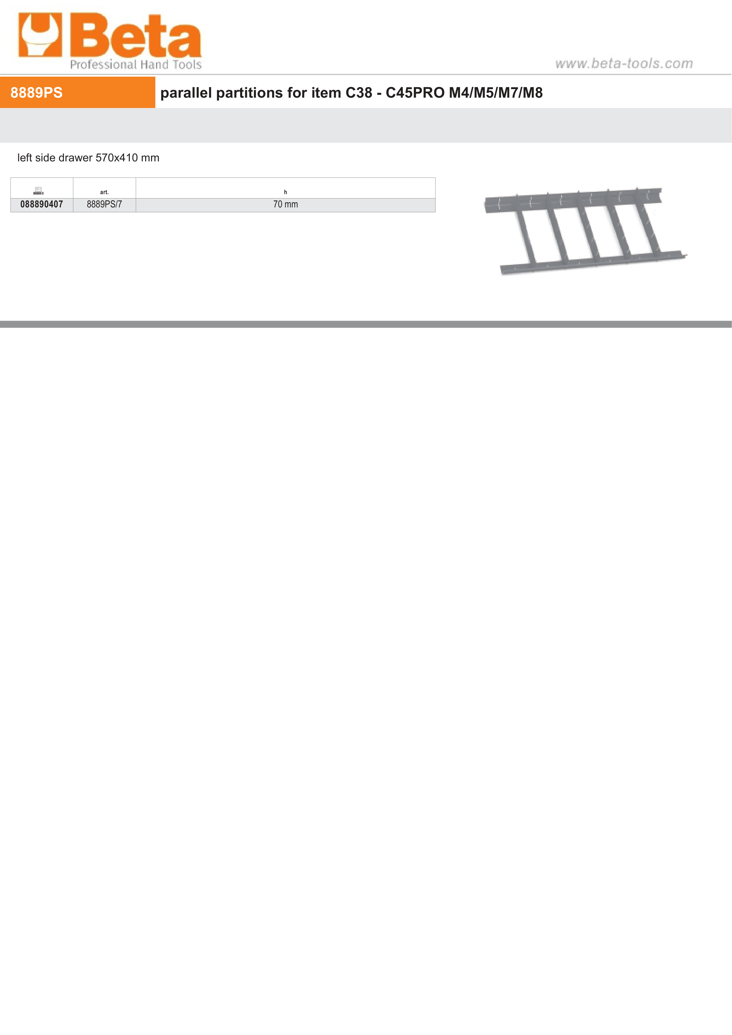Parallel Partitions for C38, C45PRO M4/M5/M7/M8 Left Side Drawer 570x410mm 70mm Height - Beta Tools 8889PS/7
