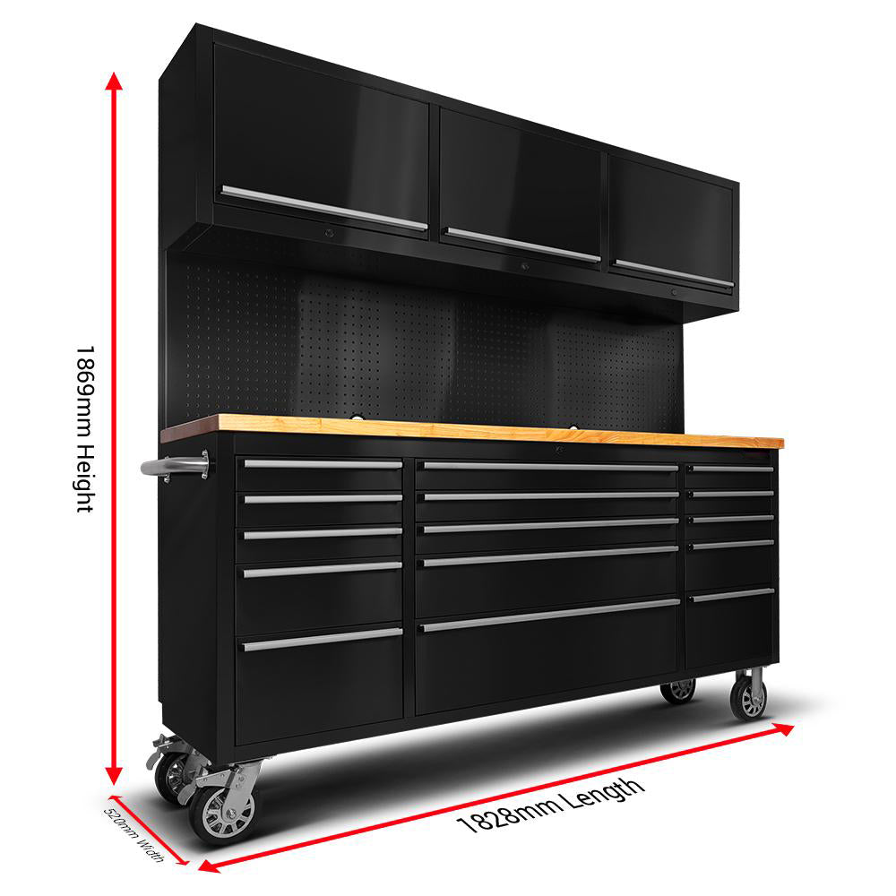 72 Matte Black Steel 15 Drawer Tool Chest with Solid Wooden Top, 3 Upper Cabinets and Peg Board