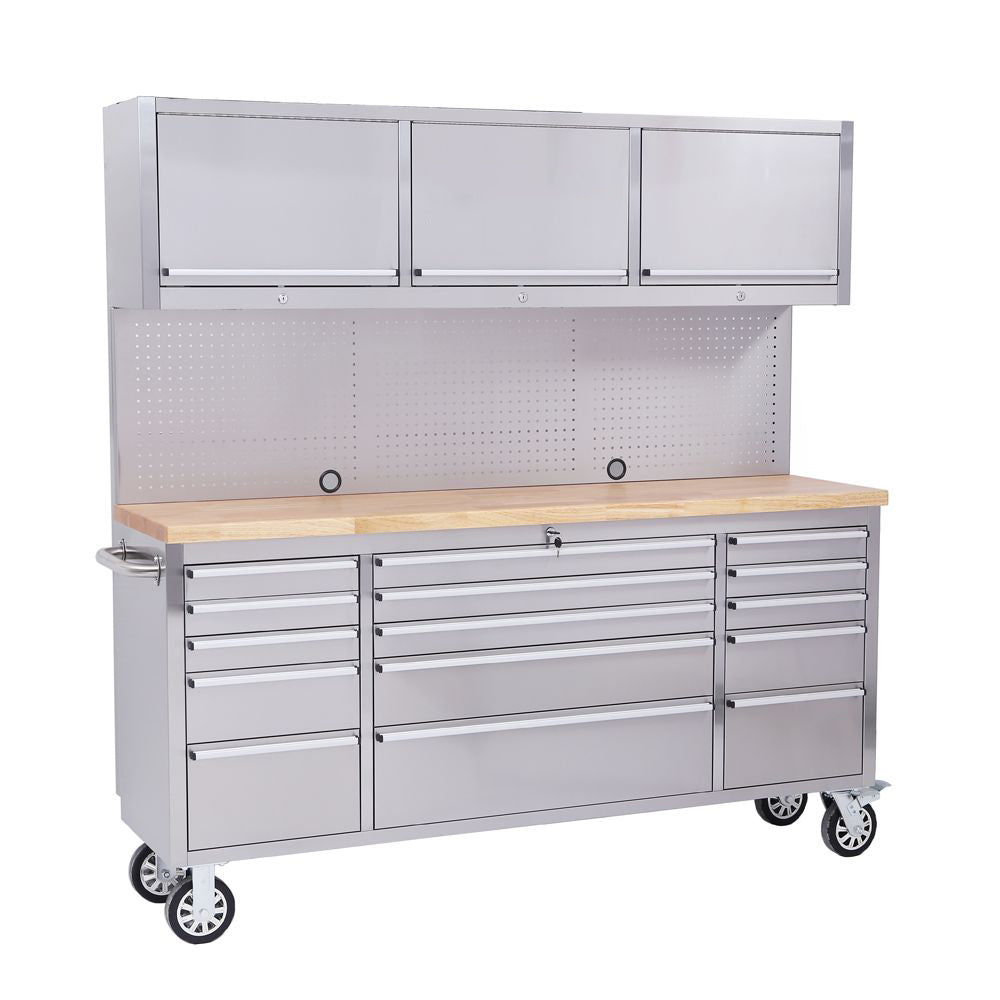 72 Stainless Steel 15 Drawer Tool Chest with Solid Wooden Top, 3 Upper Cabinets and Peg Board