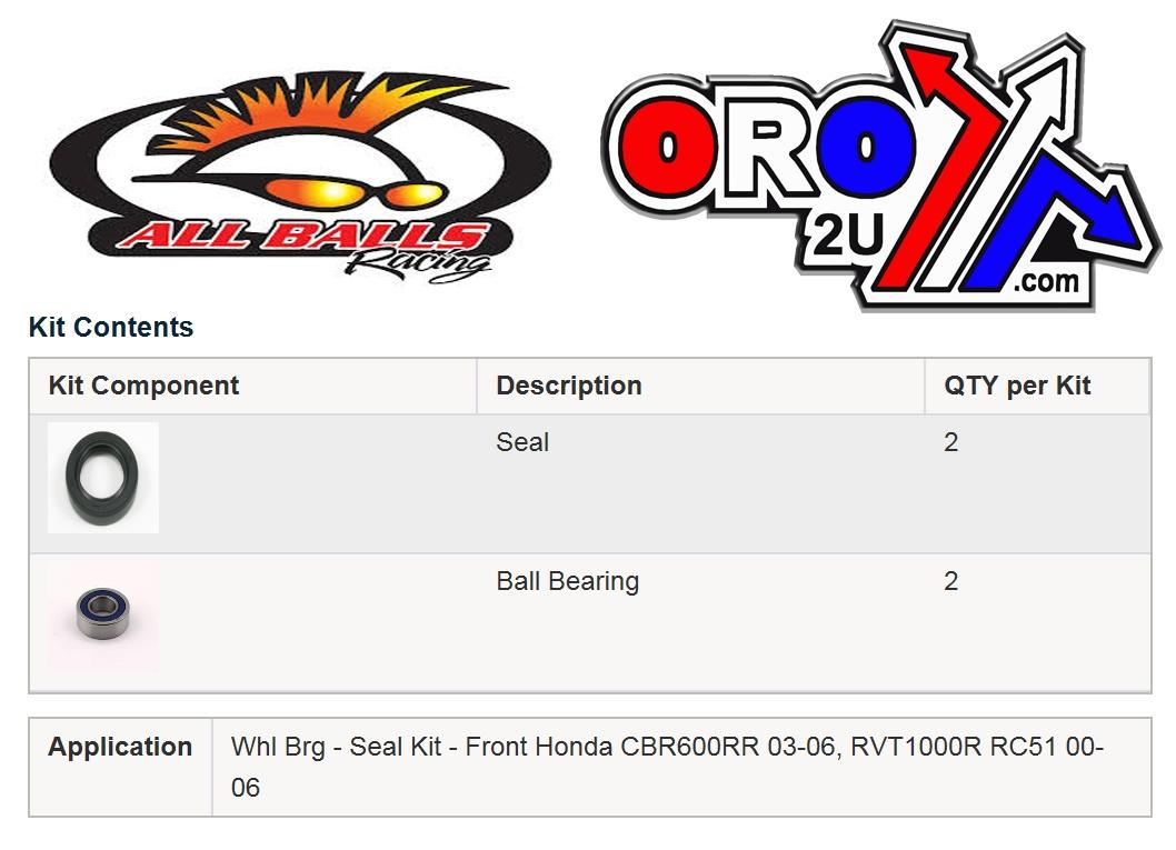 WHEEL BEARING KIT FRONT 00-06 HON CBR600/RVT1000 RC51, ALLBALLS 25-1654 ROAD