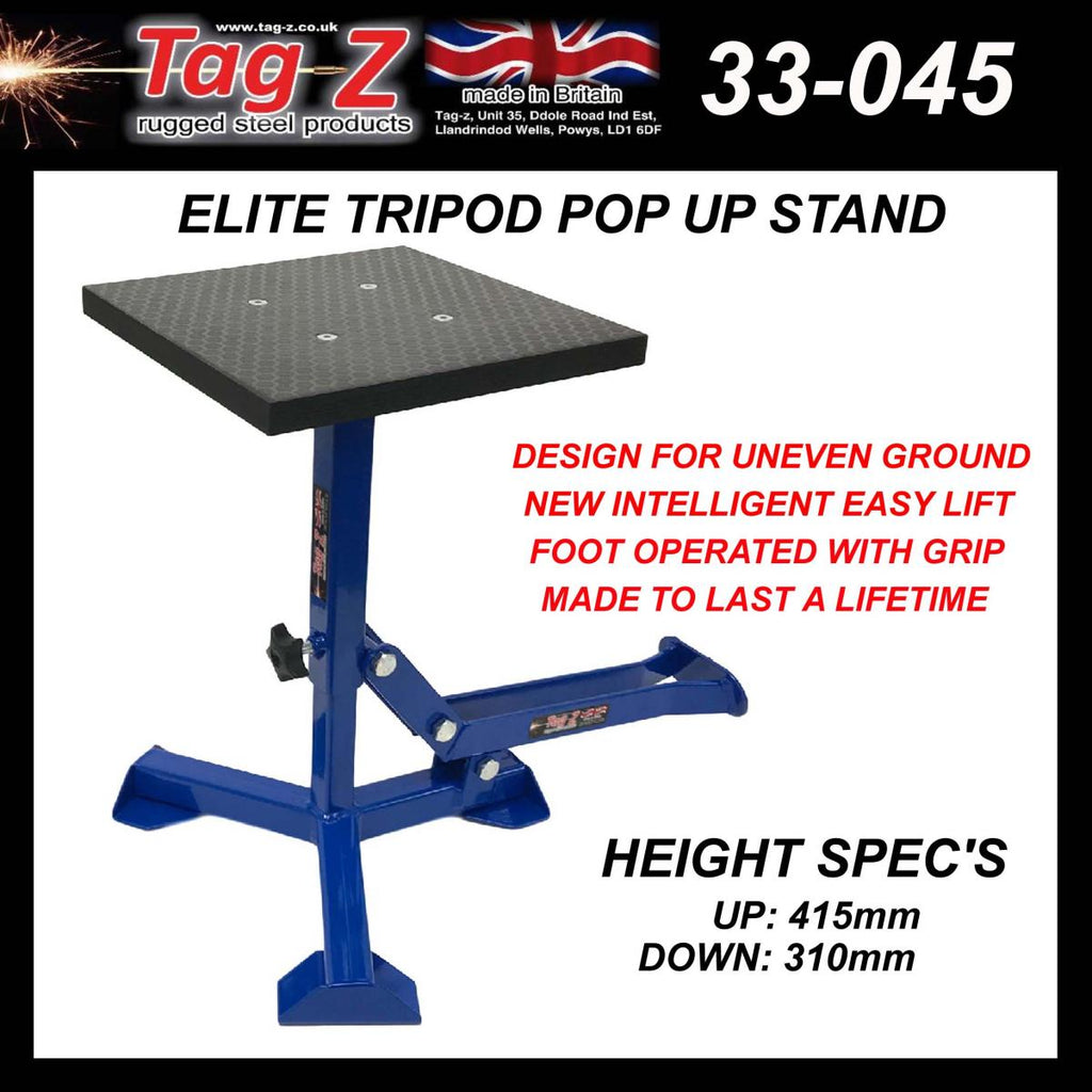 ELITE TRIPOD POP UP STAND, BIG FEET / GLOSS BLUE / TAG-Z, MX STAND PIT PADDOCK ENDURO