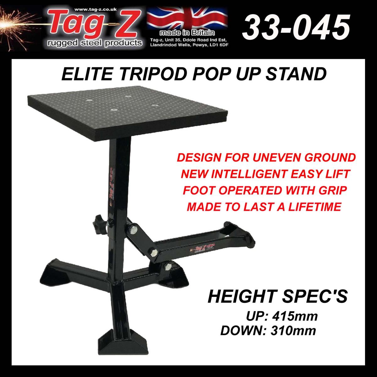ELITE TRIPOD POP UP STAND, BIG FEET / GLOSS BLACK / TAG-Z, MX STAND PIT PADDOCK ENDURO
