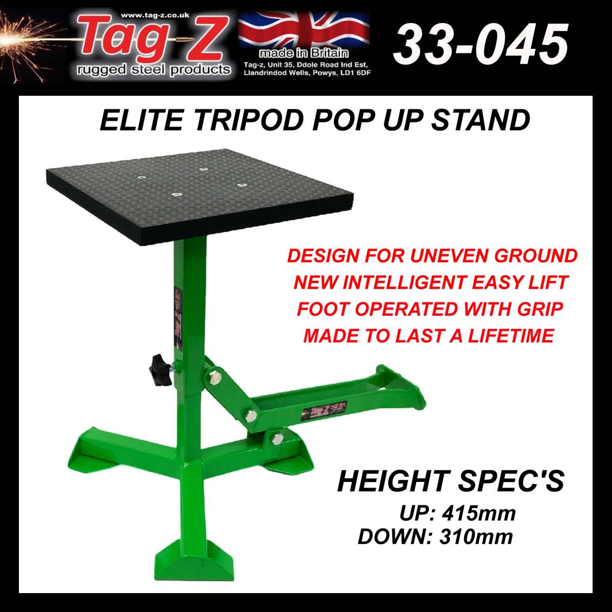 ELITE TRIPOD POP UP STAND, BIG FEET / GLOSS GREEN / TAG-Z, MX STAND PIT PADDOCK ENDURO