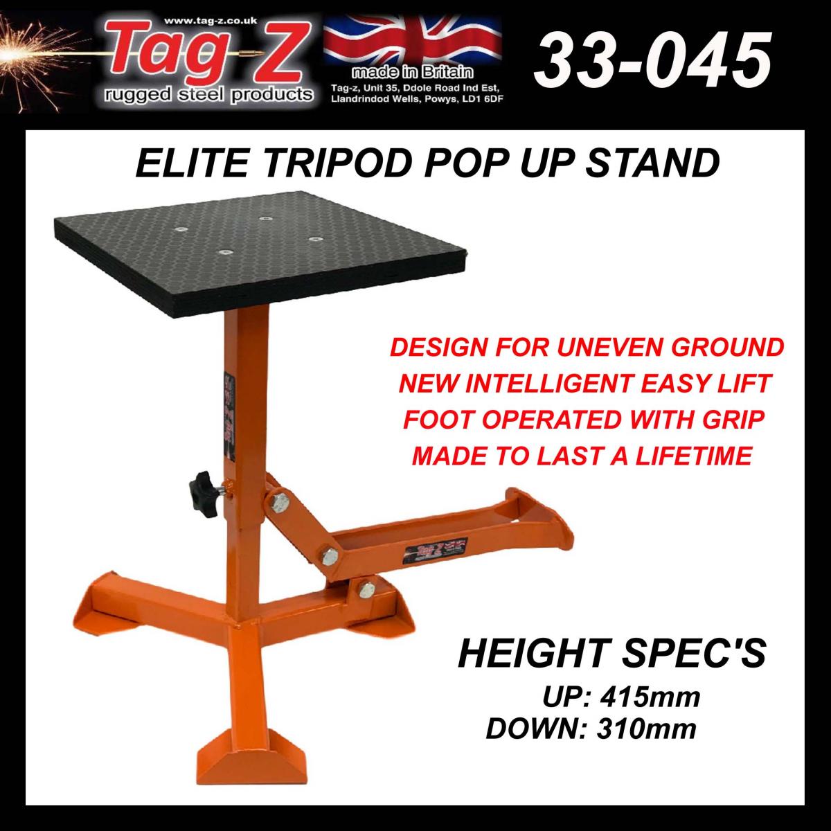 ELITE TRIPOD POP UP STAND, BIG FEET / GLOSS ORANGE / TAG-Z, MX STAND PIT PADDOCK ENDURO
