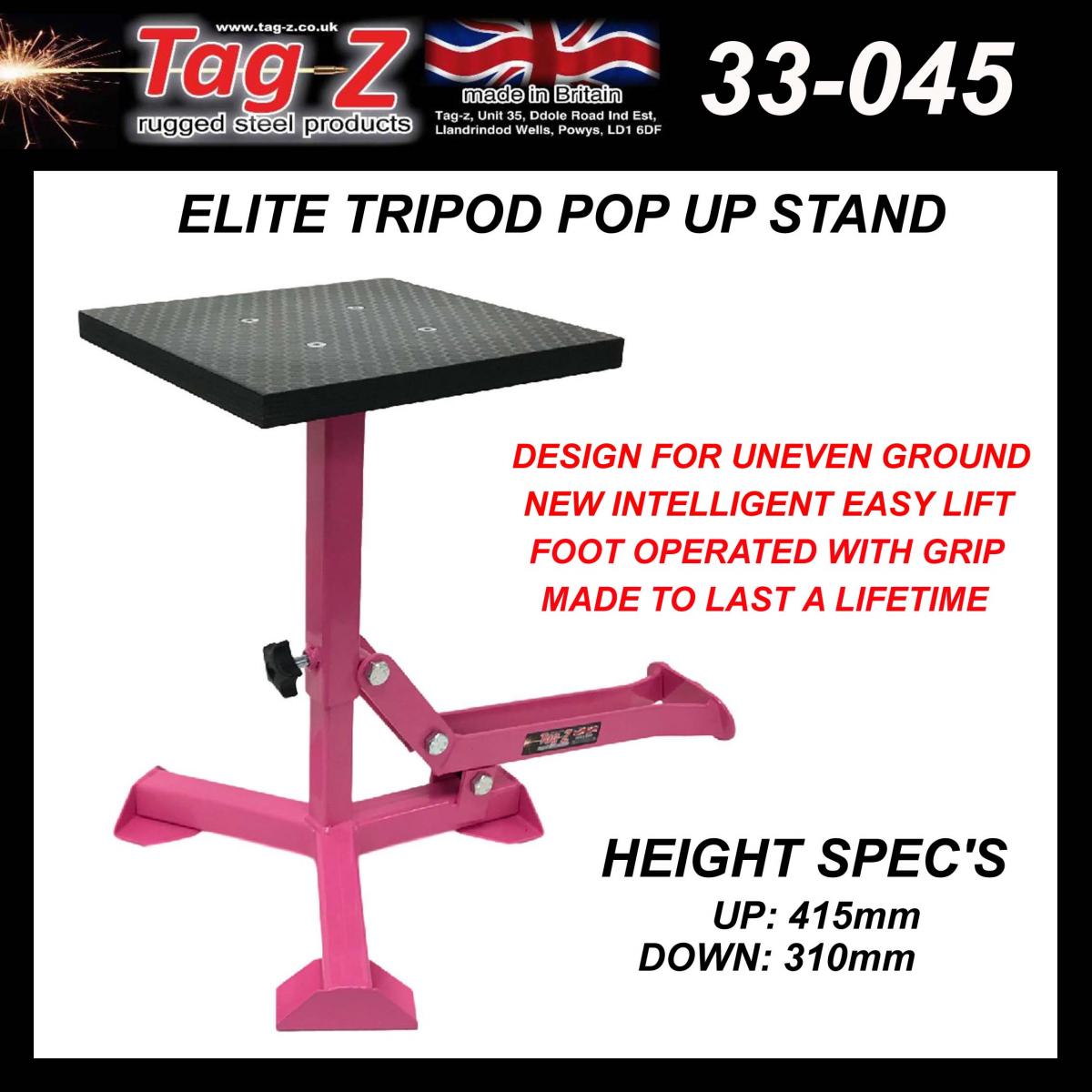 ELITE TRIPOD POP UP STAND, BIG FEET / GLOSS PINK / TAG-Z, MX STAND PIT PADDOCK ENDURO