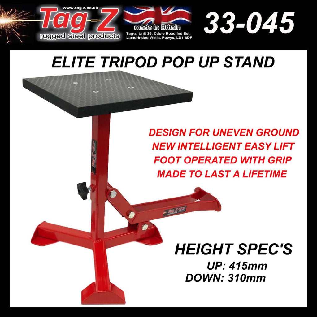 ELITE TRIPOD POP UP STAND, BIG FEET / GLOSS RED / TAG-Z, MX STAND PIT PADDOCK ENDURO