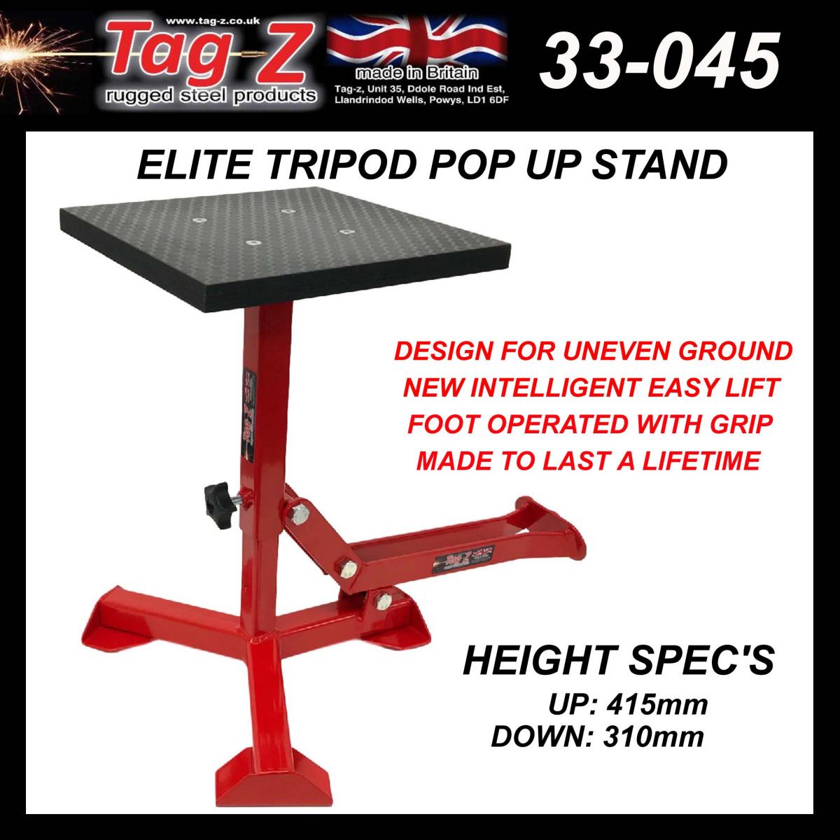 ELITE TRIPOD POP UP STAND, BIG FEET / GLOSS RED / TAG-Z, MX STAND PIT PADDOCK ENDURO