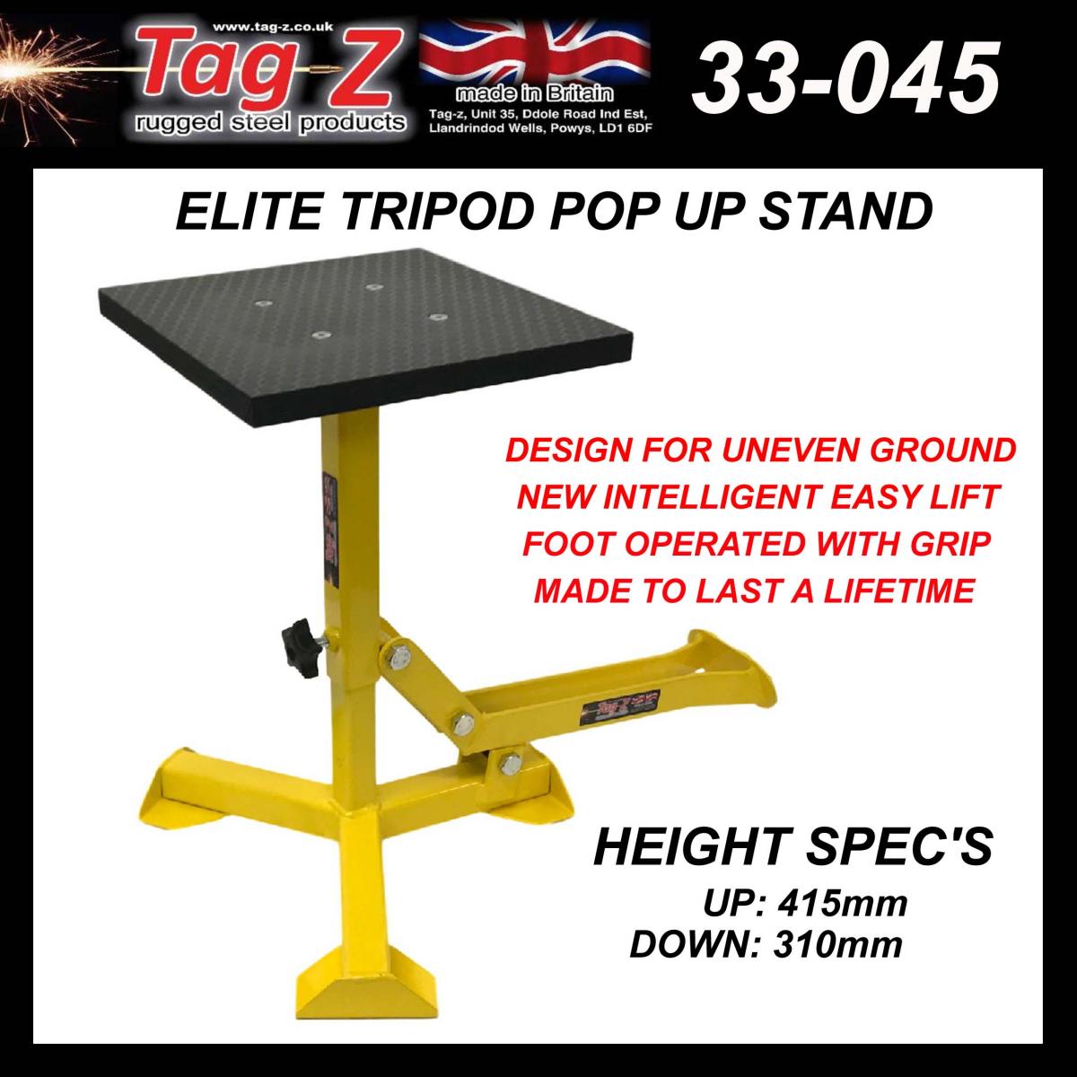 ELITE TRIPOD POP UP STAND, BIG FEET / GLOSS YELLOW / TAG-Z, MX STAND PIT PADDOCK ENDURO