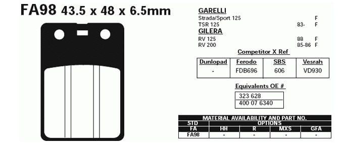 BRAKE PADS VESRAH VD930, (EBC FA98 FA098)