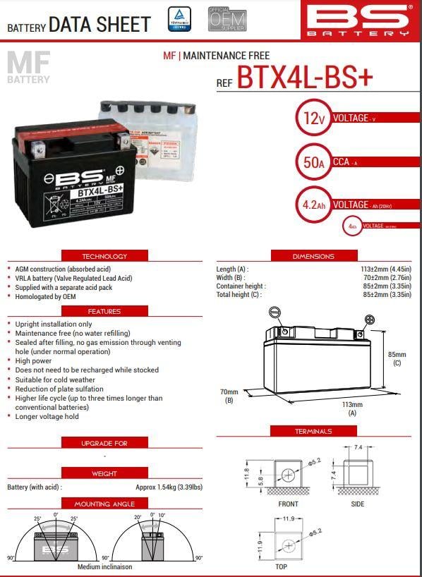 BATTERY BTX4L+/BTZ5S 12V SLA RANGE,300669, BS-BTX4L-BS, LT4-3
