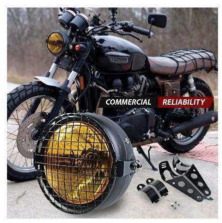 HEADLIGHT YELLOW CAFE RACER VINTAGE STYLE, WITH GRILLE AND MOUNTING BRACKET