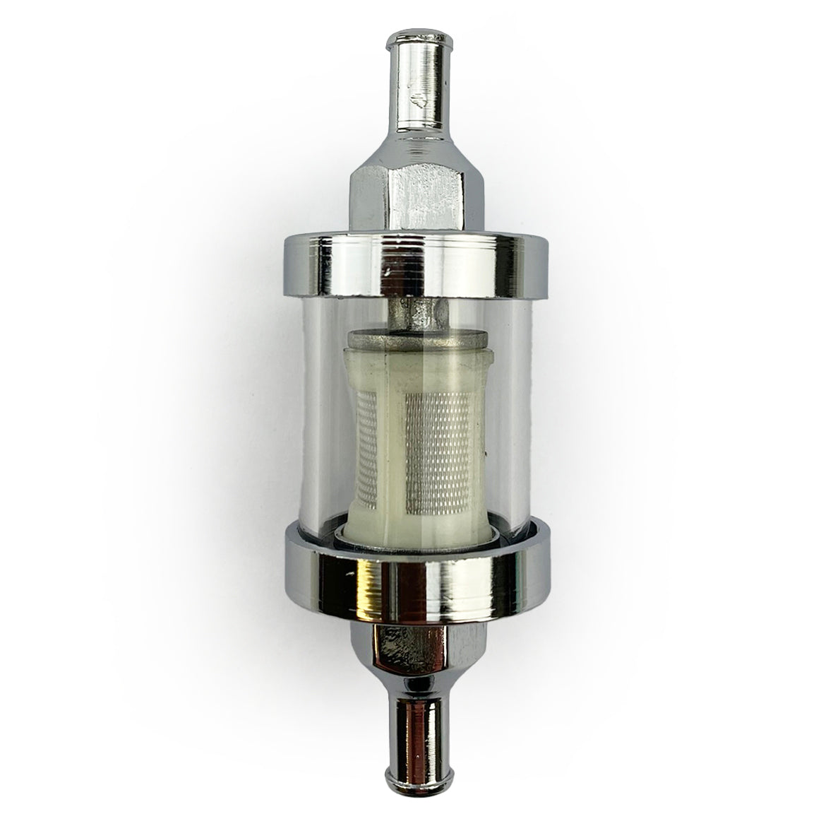 LARGE IN-LINE FUEL FILTER 6mm 1/4 WASHABLE GLASS CHROME ENDS
