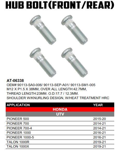 HUB BOLT PK4 M12 X P1.5 X 38MM, BRONCO AT-06338, 90113-SA0-006, 90113-SEP-A01, 90113-SM1-005