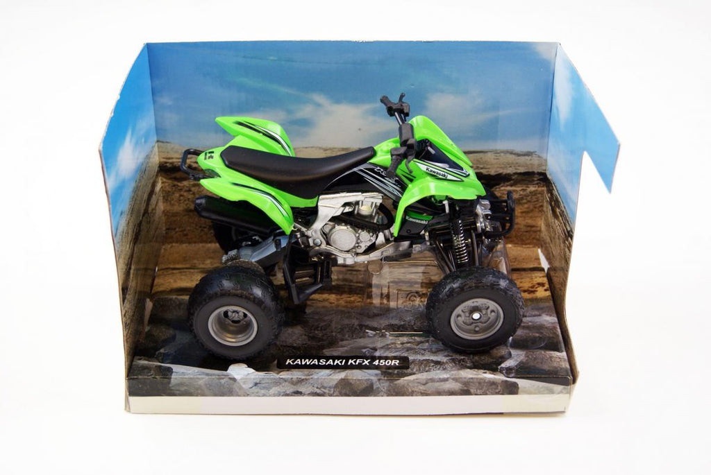 MODEL DIE CAST KAWASAKI KFX 450 R, 2012, GREEN AND BLACK, SCALE 1:12, NEWRAY 57503, ATV