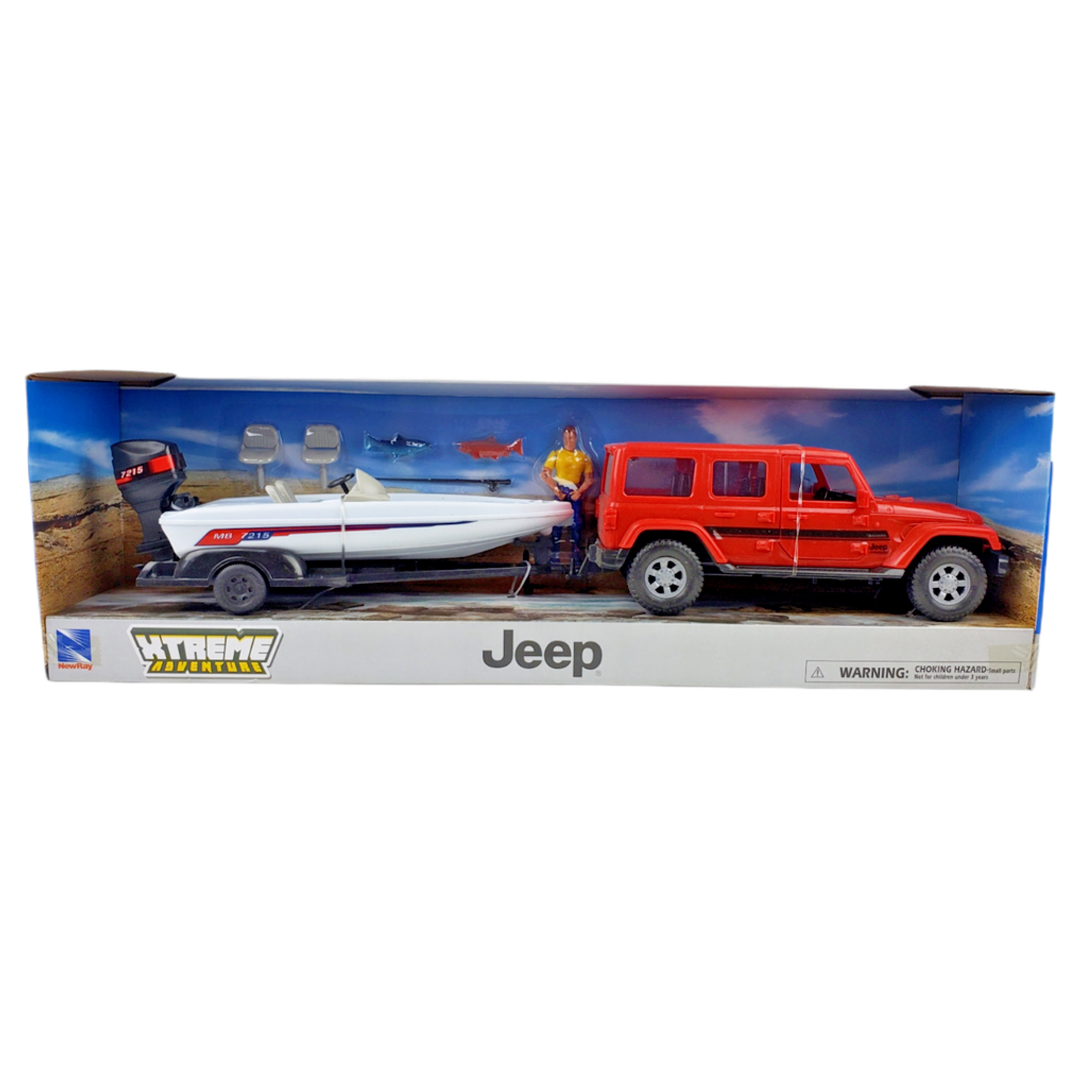 MODEL DIE CAST JEEP WITH TRAILOR, & FISHINJG BOAT SET, SCALE 1:20, NEWRAY SS-37186