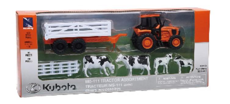 MODEL DIE CAST KUBOTA FARM TRACTOR, & ANIMALS SET, ORANGE, SCALE 1:32, NEWRAY SS-15825A