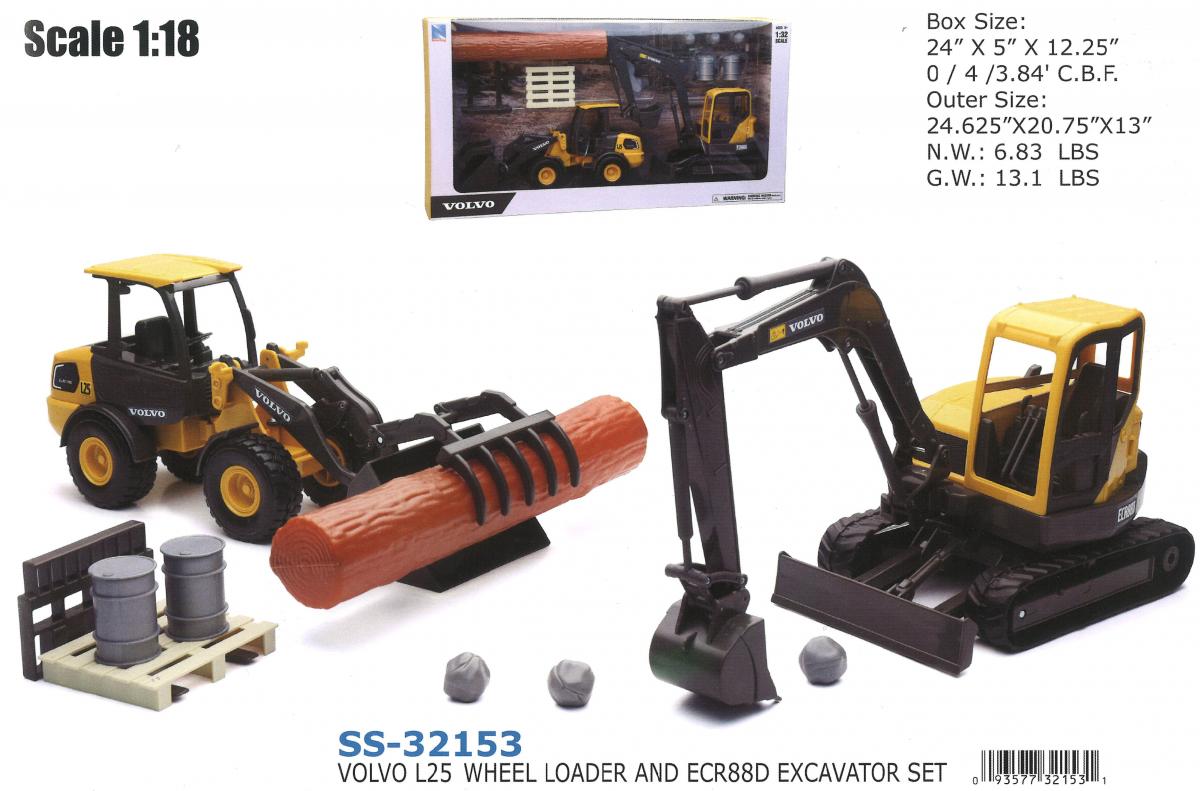 MODEL VOLVO L25 WHEEL LOADER, AND ECR88D EXCAVATOR SET, SCALE 1:18, NEWRAY SS-32153