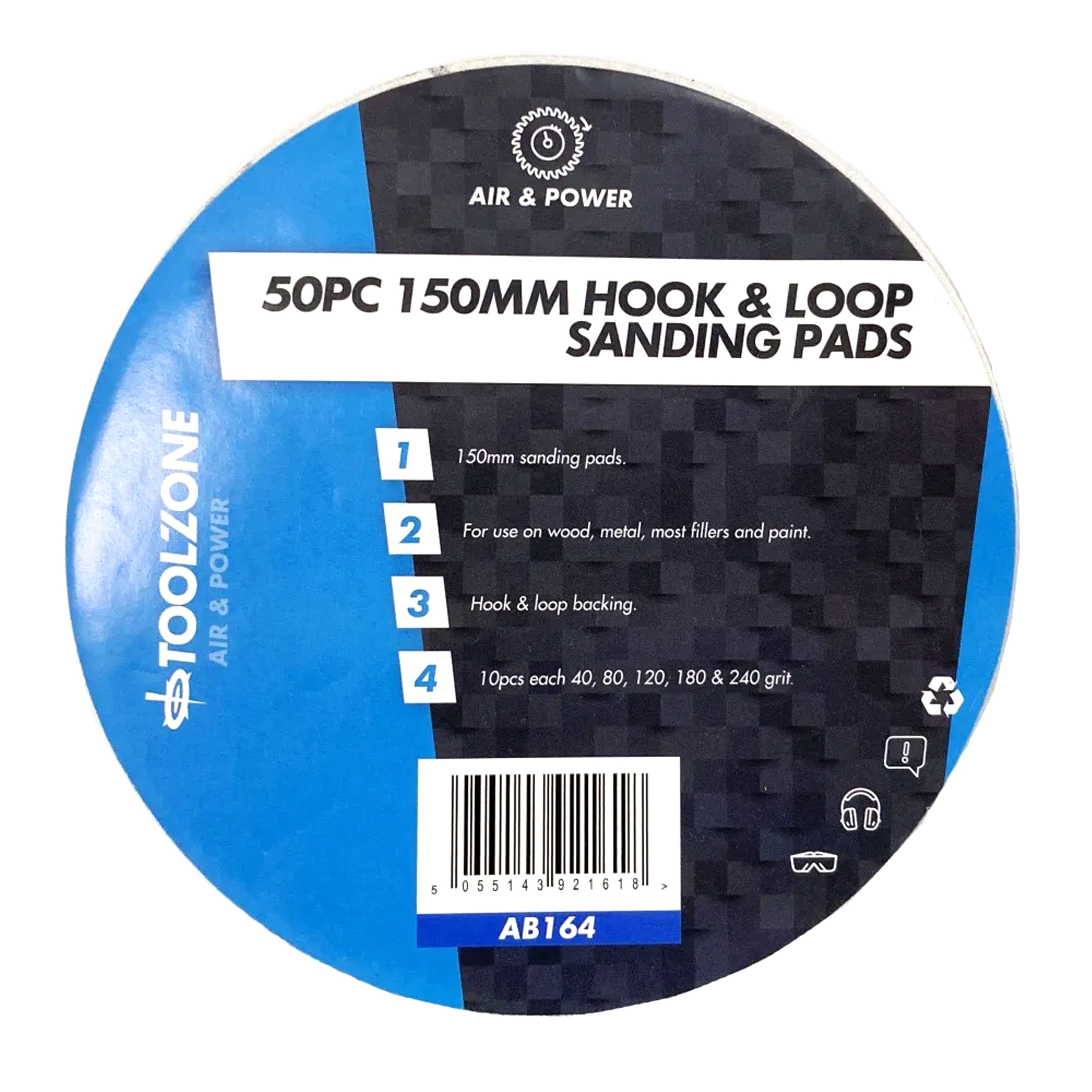 SANDING PADS HOOK AND LOOP 50 PIECES 150mm 40 80 120 180 240 GRIT - TOOLZONE KDPAB164
