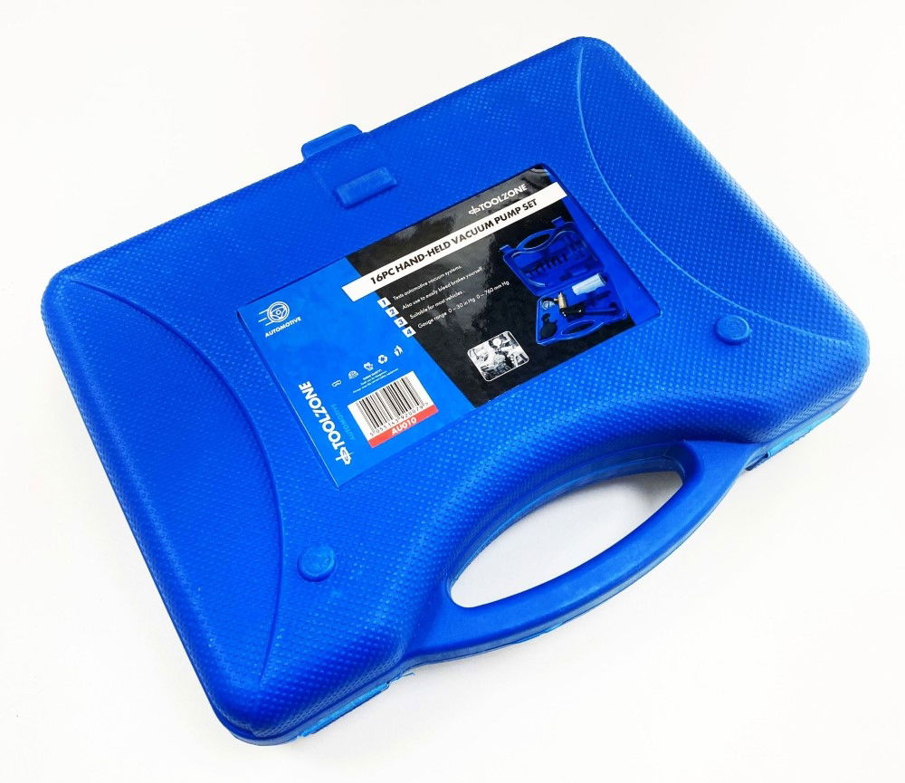 HAND HELD VACUUM PUMP SET 16pc WITH PRESSURE GAUGE 0-30inhg 0-760mmhg - TOOLZONE KDPAU010