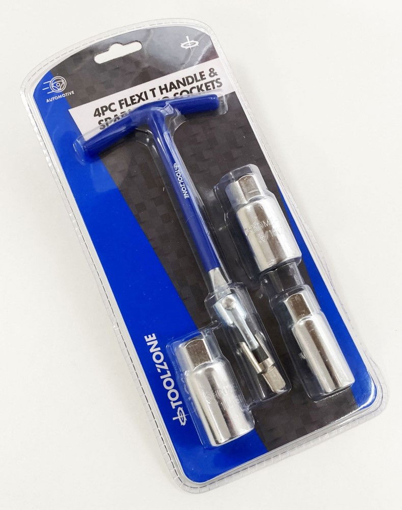 FLEX T HANDLE AND SPARK PLUG SOCKET SET 4pc 16mm 18mm 21mm - TOOLZONE KDPAU363