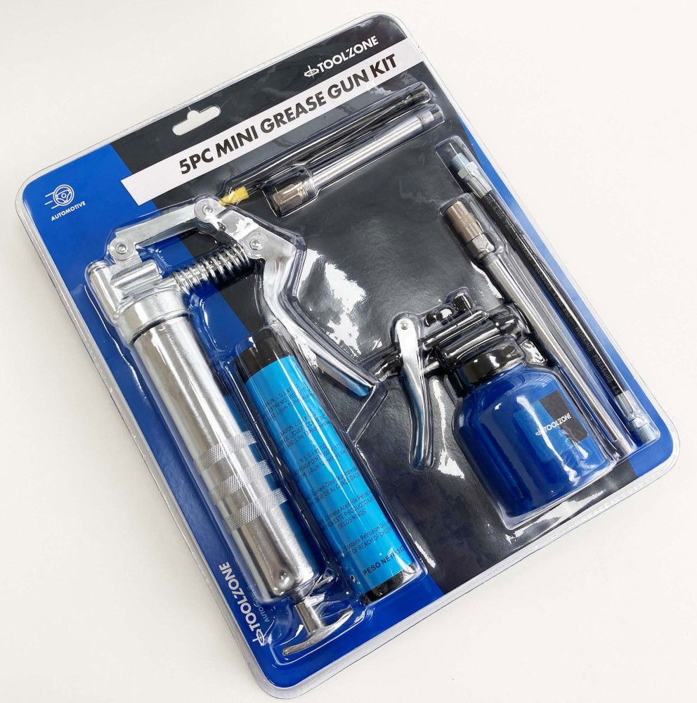 MINI GREASE GUN KIT 5pc PISTOL TYPE WITH FIXED AND FLEXIBLE NOZZLE - TOOLZONE KDPAU370